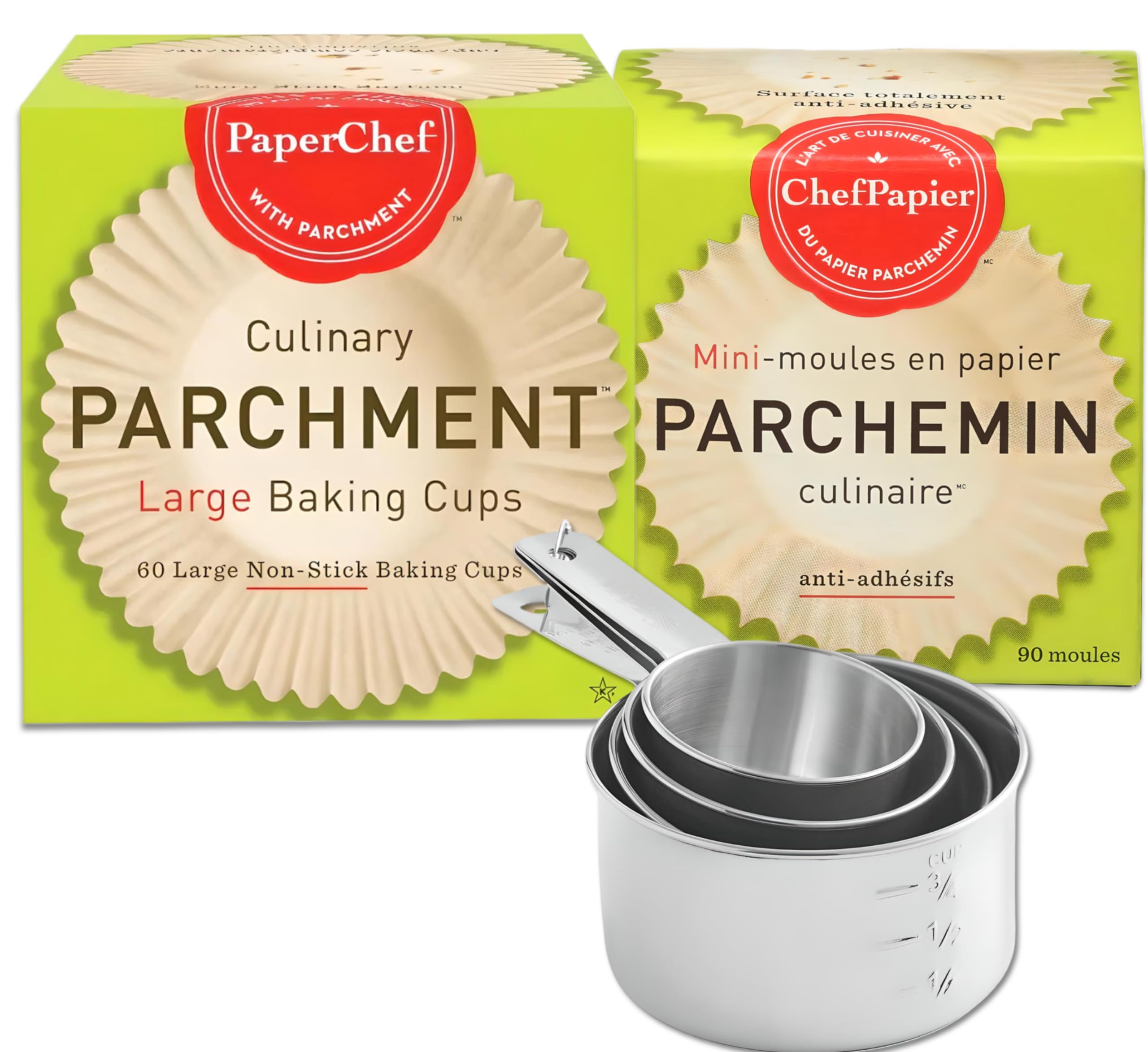 Paper Chef Large Parchment Baking Cups 60CT, Mini Parchment Baking Cups (90 Count) | Bundled with ONDAGO Stainless Steel Measuring Cup Set for Baking