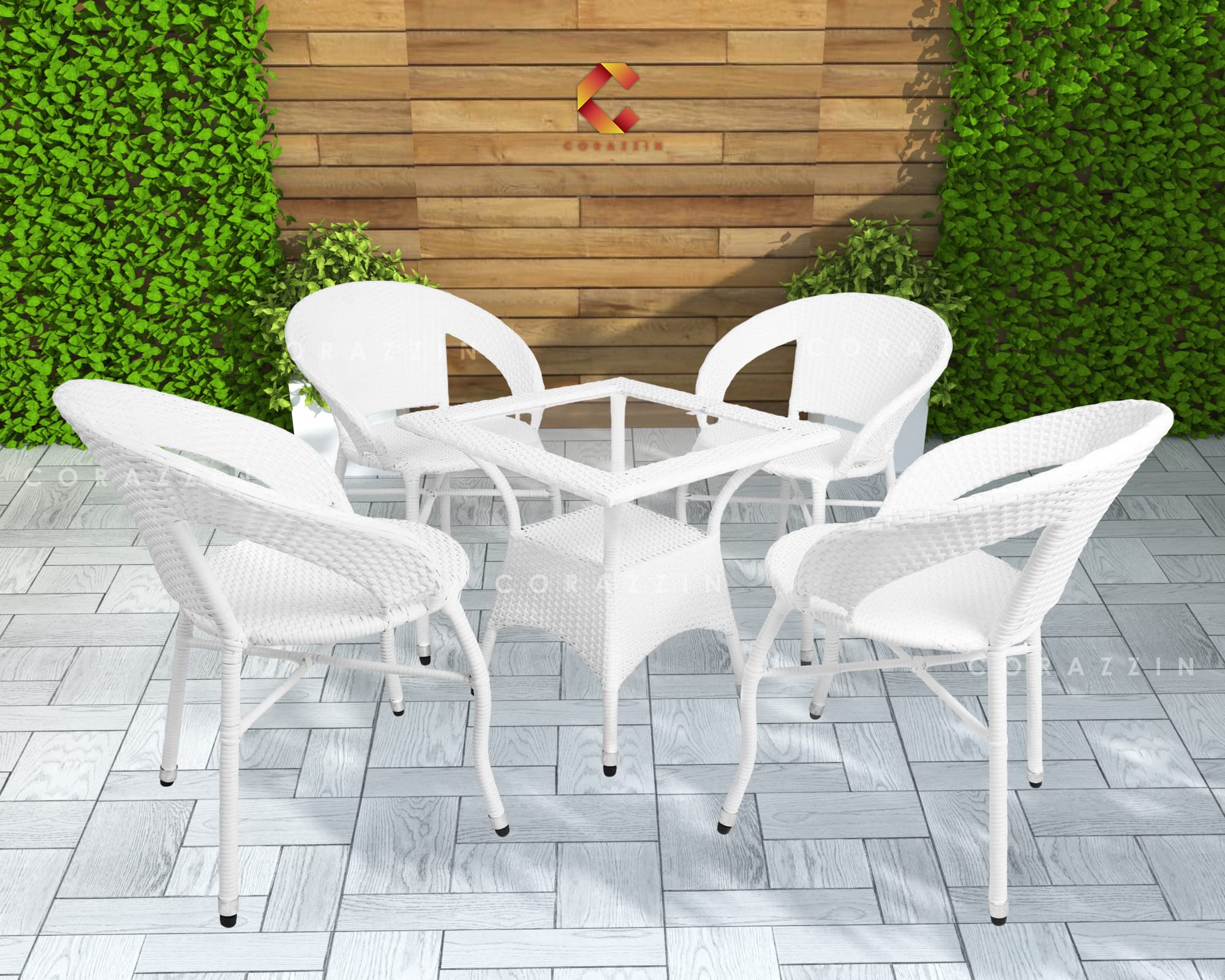 CORAZZIN Rattan&Wicker Garden Patio Seating Chair And Table Set Outdoor Balcony Garden Coffee Table Set Furniture With 1 Square Table And 4 Chairs Set (White),H-32In, 50 Cm, 48 Cm, 81 Cm