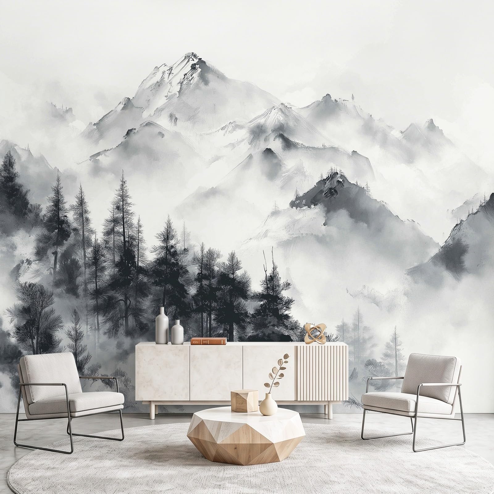 Générique Tapeta z włókniny w stylu orientalnym, czarno-biała, tapeta panoramiczna sosny górskie do mebli, do salonu, dekoracja ścienna 400 x 280 cm