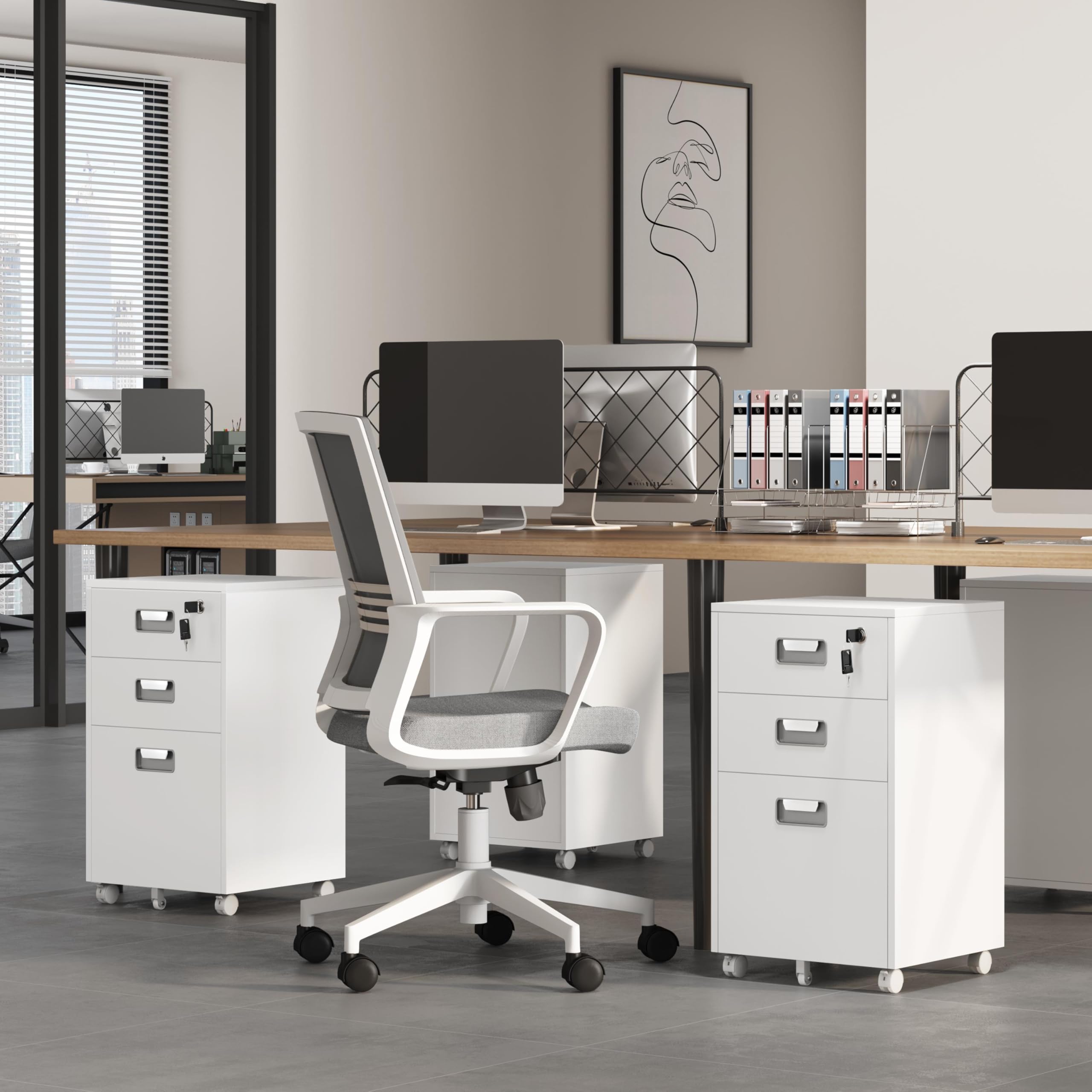 Yaheetech Rollcontainer Aktenschrank mit 3 Schubladen und Hängeregistratur Mobiler Büroschrank für Arbeitszimmer, Wohnzimmer, Büro Weiß