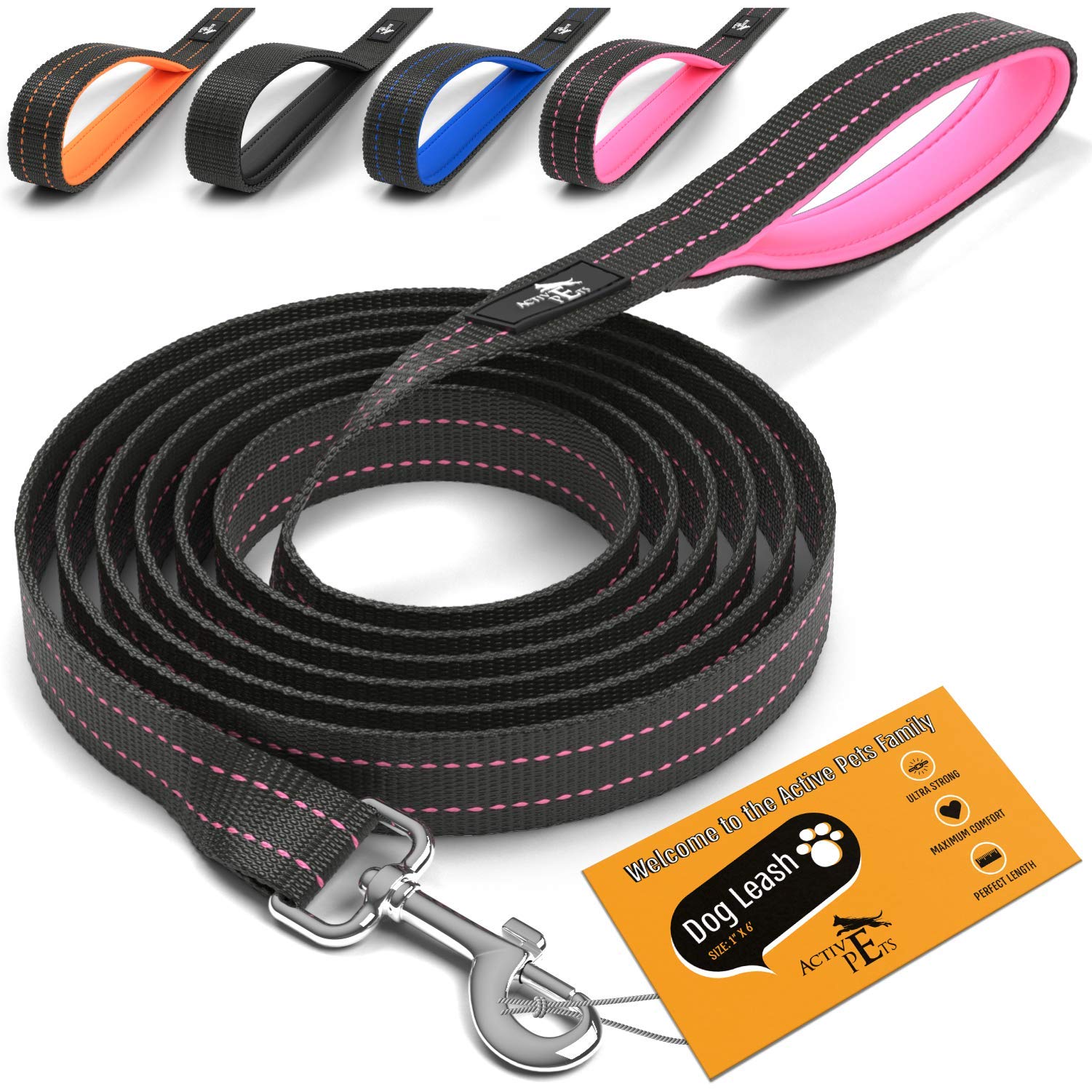 Active Pets Strong Dog Leash with Padded Handle, Durable Comfort Grip for Large & Medium Dogs, up to 6ft Adjustable Training Lead, 1 in x 4 ft, Pink