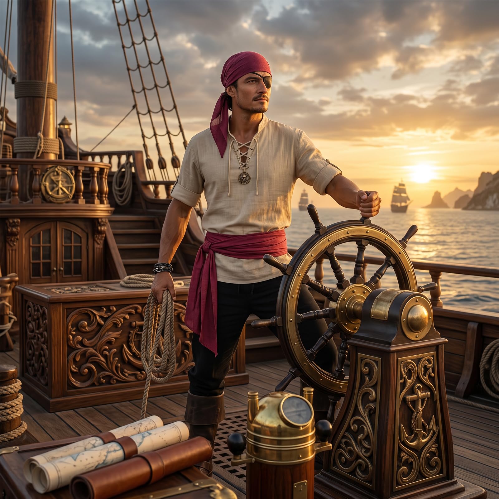 7-teiliges Piratenkostüm, Halloween-Kostüm, Herren, Piratenkostüm, Erwachsenen-Kostüm, Halloween-Kostüme für Karneval, Cosplay-Partys