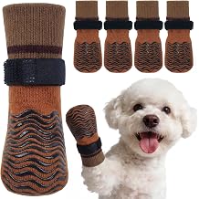 Kuoser Non Slip Dog Socks for Hardwood Floors, Anti-Slip Dog Grippy Socks to Prevent Licking Paws, Double-Sided Traction Dogs Booties Paw Protectors for Small Medium Large Senior Dogs, 4 Pack-Brown XS