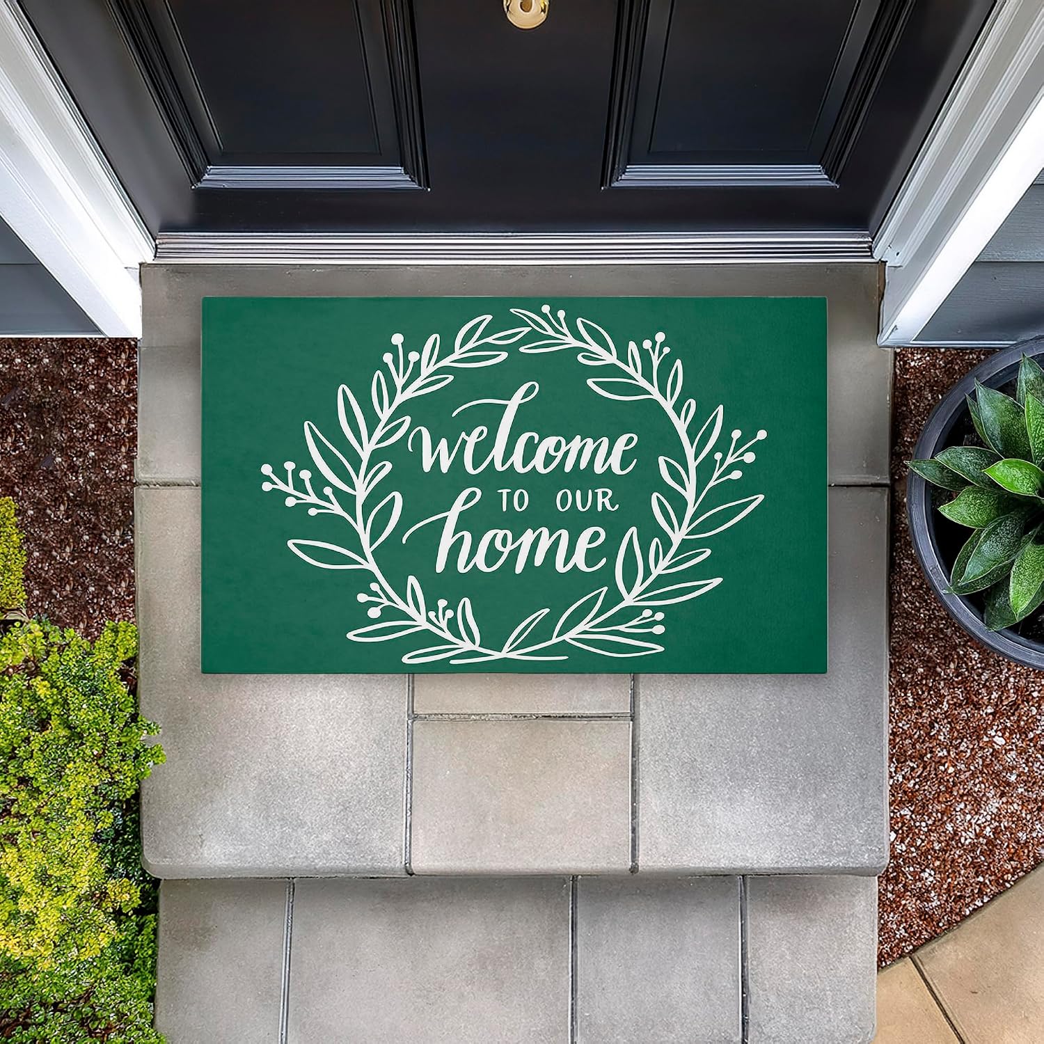 Stupell Industries Farmhouse Welcome on Green Outdoor Door Mat, Durable Non-Slip Unwoven Mat with Recycled Rubber Backing, Weather-Resistant Rustic Farmhouse Welcome Design by Amanda McGee, 18"x30"