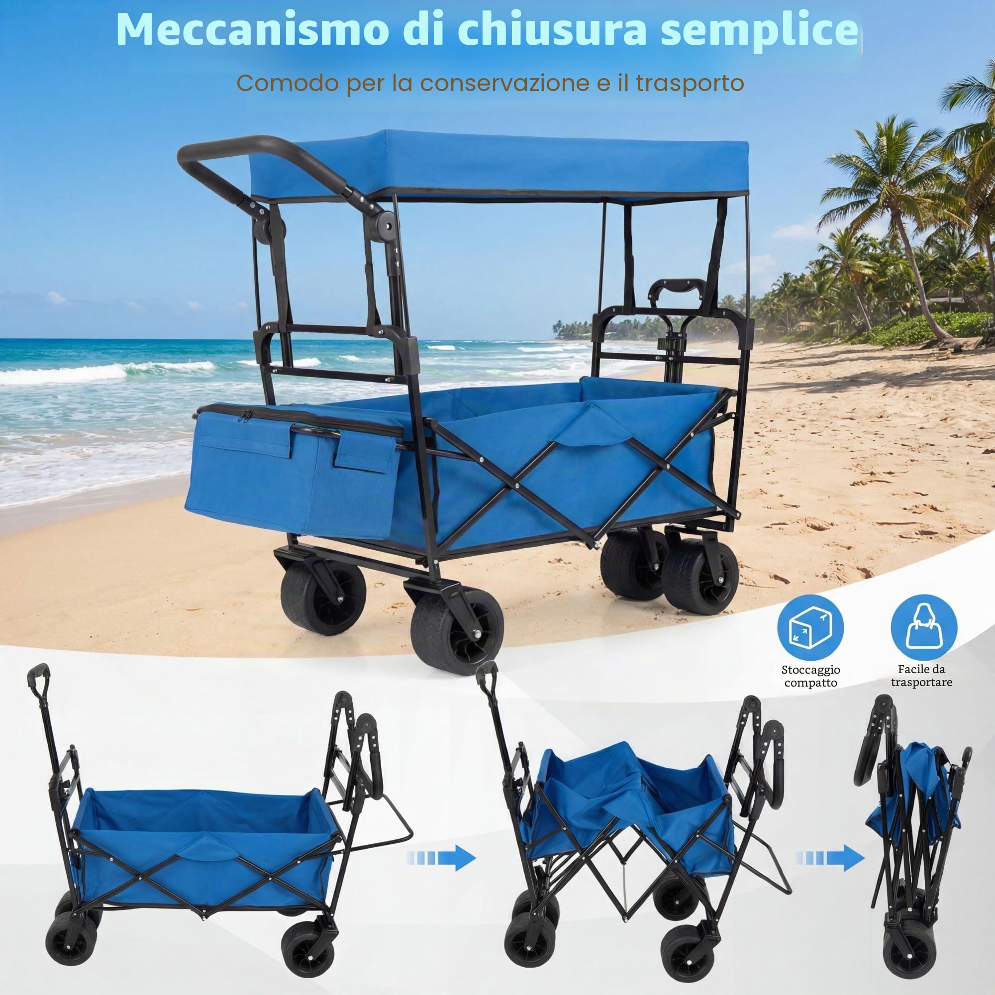 SOARS Carrello Spiaggia Pieghevole con Tetto, Carrello da Trasporto con Ruote Grandi e Borsa Portatutto, Carrello da Campeggio e Giardino, in Acciao Resistente, Chiusura Rapida, 100 KG, 100L (Blu)