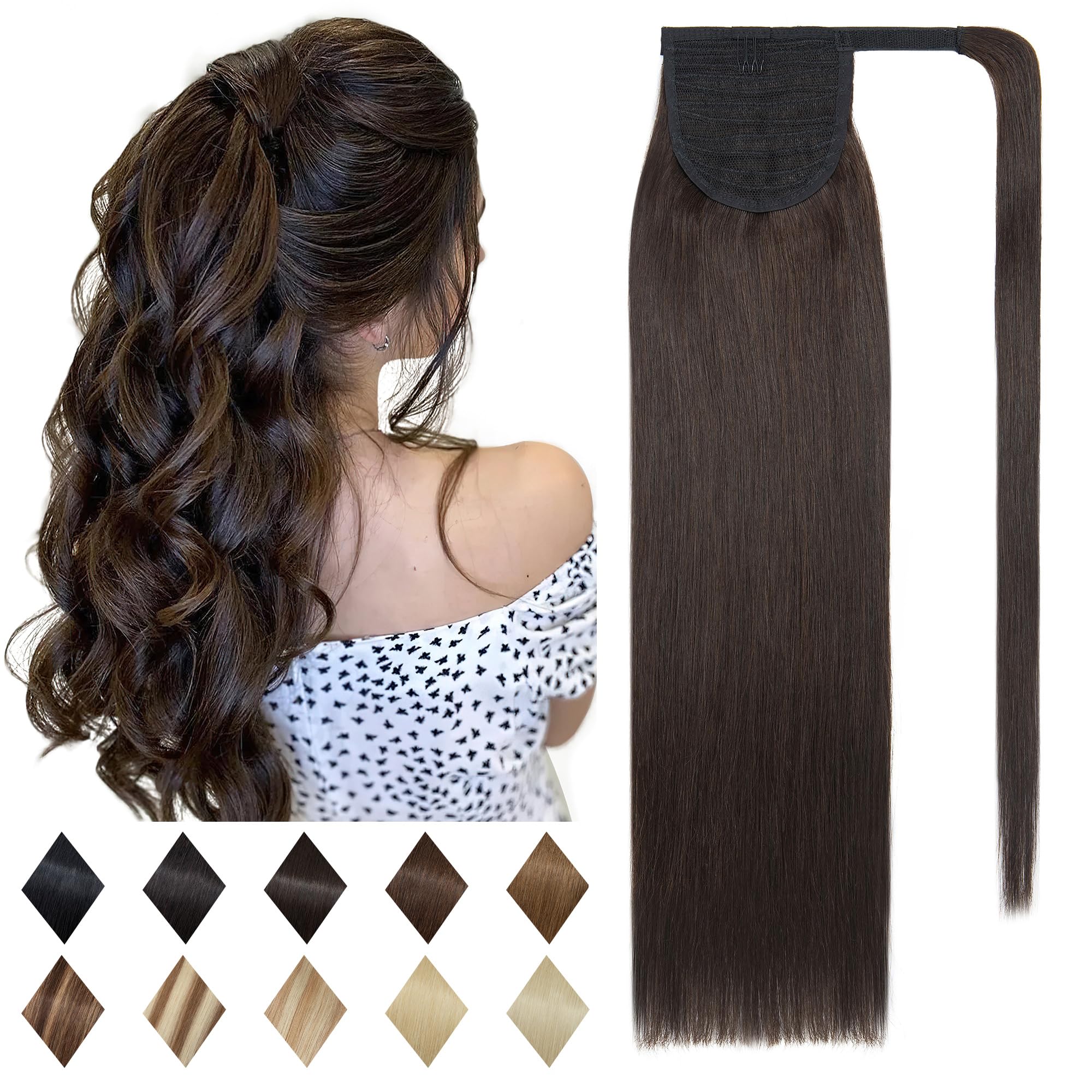 Photo 1 of SEGO Ponytail Extension Human Hair Real Human Hair Clip In Wrap Around Long Straight Ponytail With Magic Paste Pony Tail for Women -14 Inch 80g 2 Dark Brown