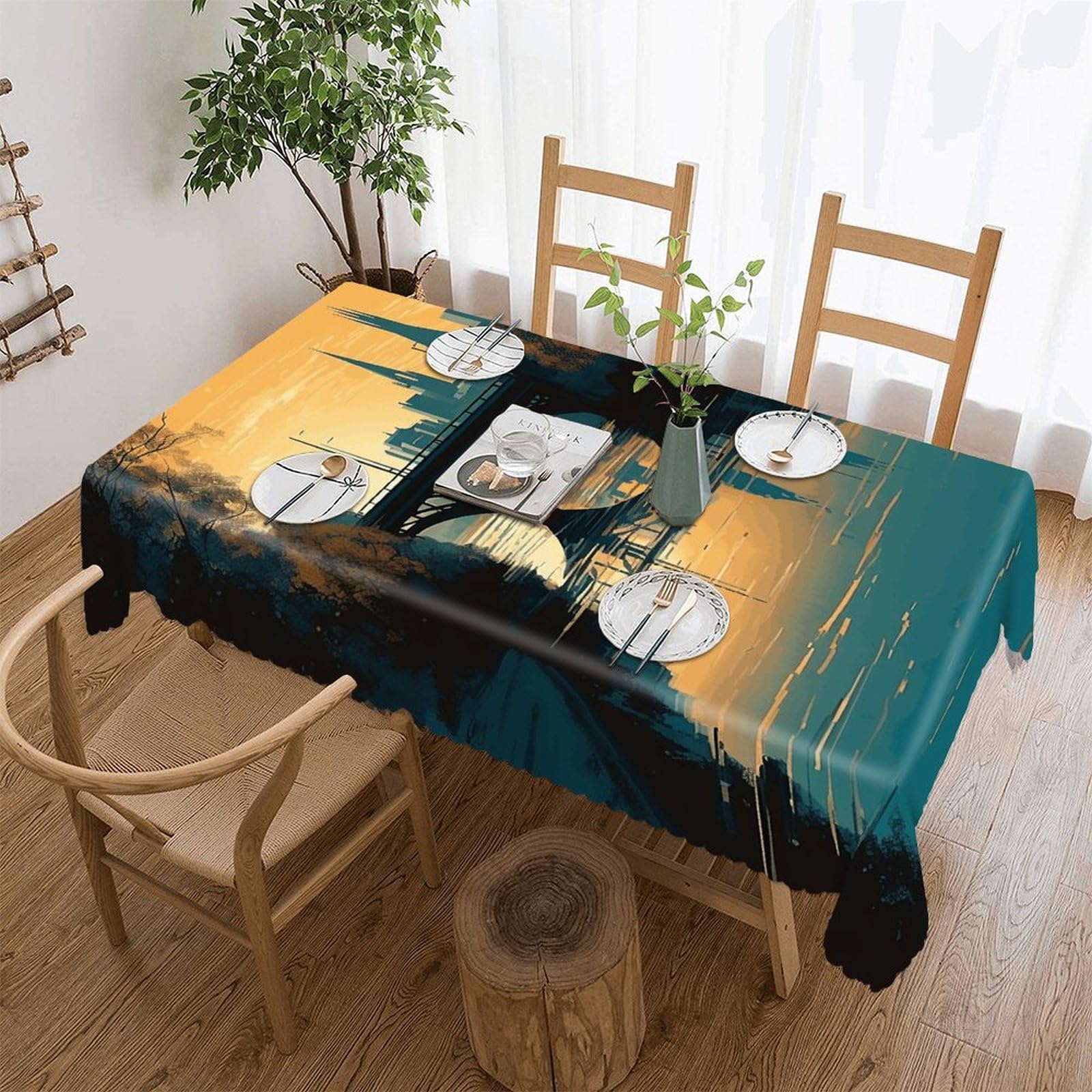 Hand Drawn Buildings Tablecloth Rectangle Table Cloth Decorative Fabric Table Cover Waterproof Seasonal Table Cover Wrinkle Resistant Washable Table Cloth for Party Picnic Dinner Decor 60"x86"