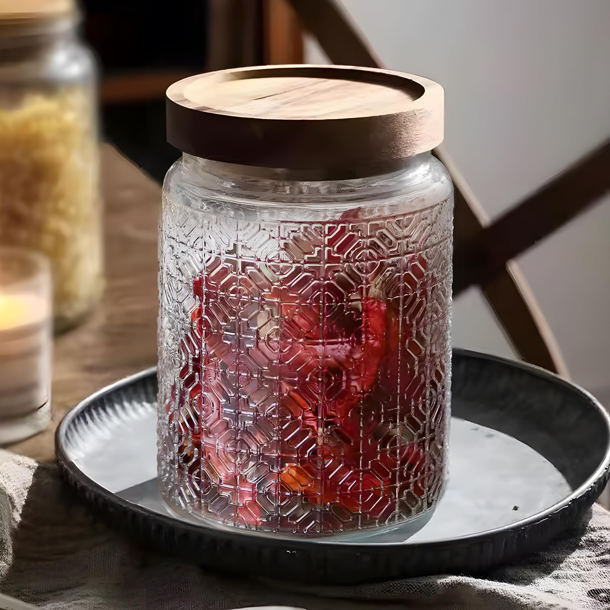 Kuber Industries 800ml Window Flower Glass Jars for Kitchen With Acacia Lid | Air Tight Masala Container & Daba Set for Dry Fruit & Spices | Textured Canisters Jar | Transparent-ST98145