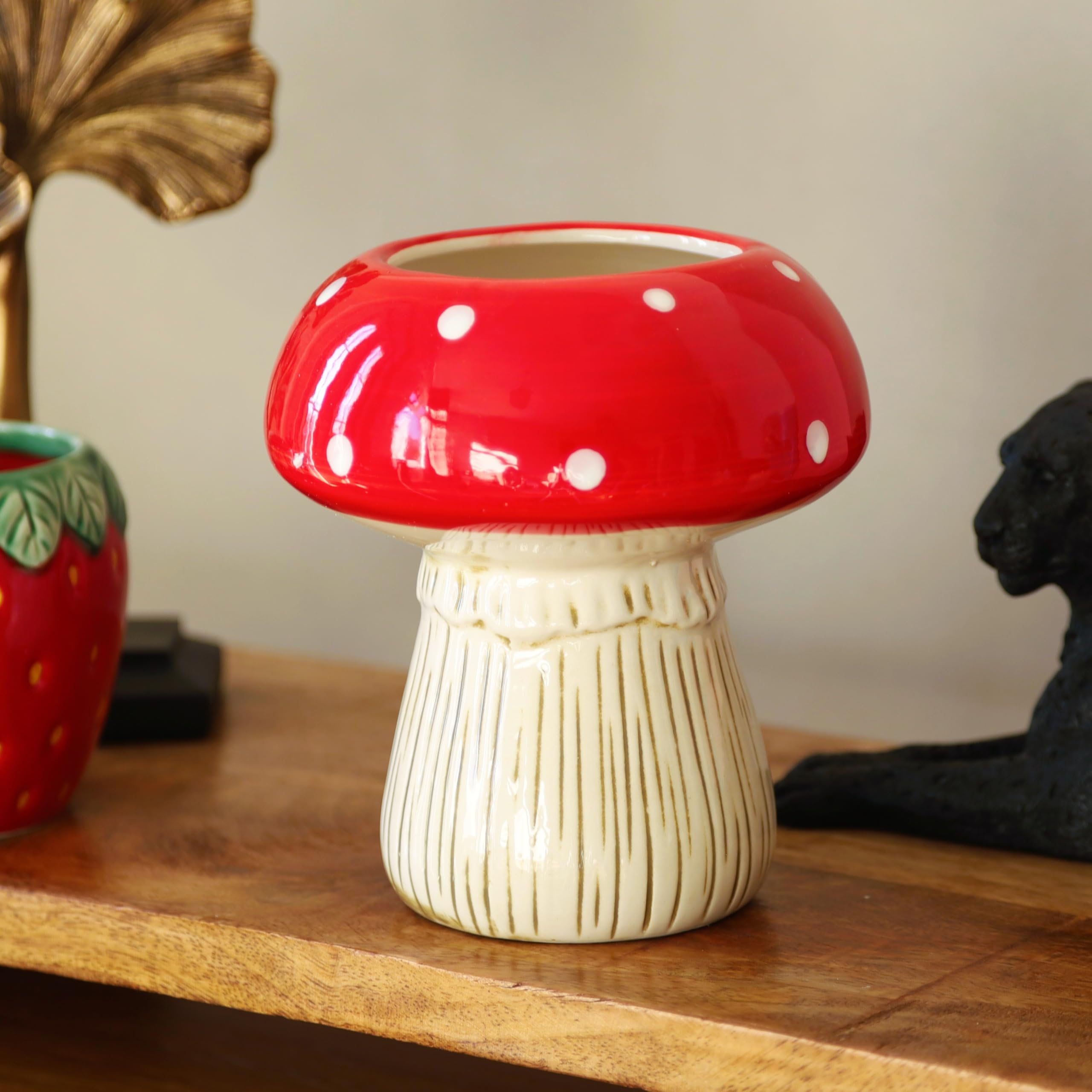 Ceramic Red & White Toadstool Planter 16cm, 6inch Mushroom Glazed Herb Plant Pot Cover Indoor Decorative