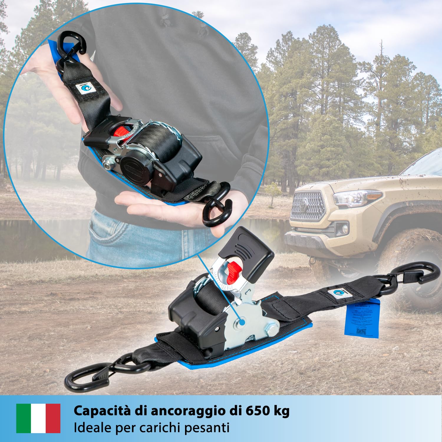 valonic TANUKI - 2x 3m XXL cinghie di fissaggio automatico, 50mm, 650/1300 Kg, imbottito, EN-12195-2 - con gancio, con cricchetto, nero, per moto