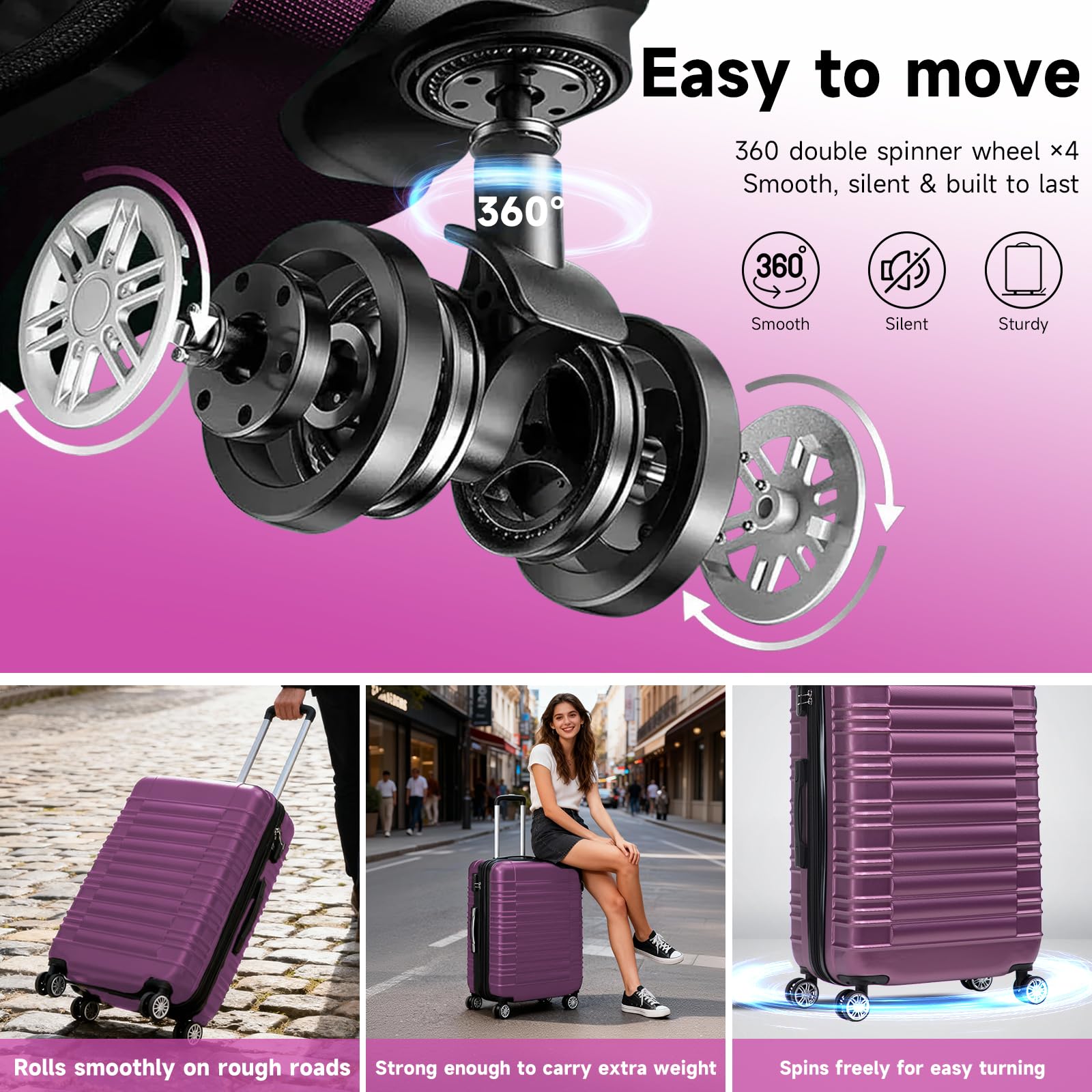 Set de Valise 3 Pièces (55/66/77cm),Lot Valise Rigide ABS Grande Taille Durable,Valise Soute avec 4 roulettes 360°,Sets de Bagages de Voyage