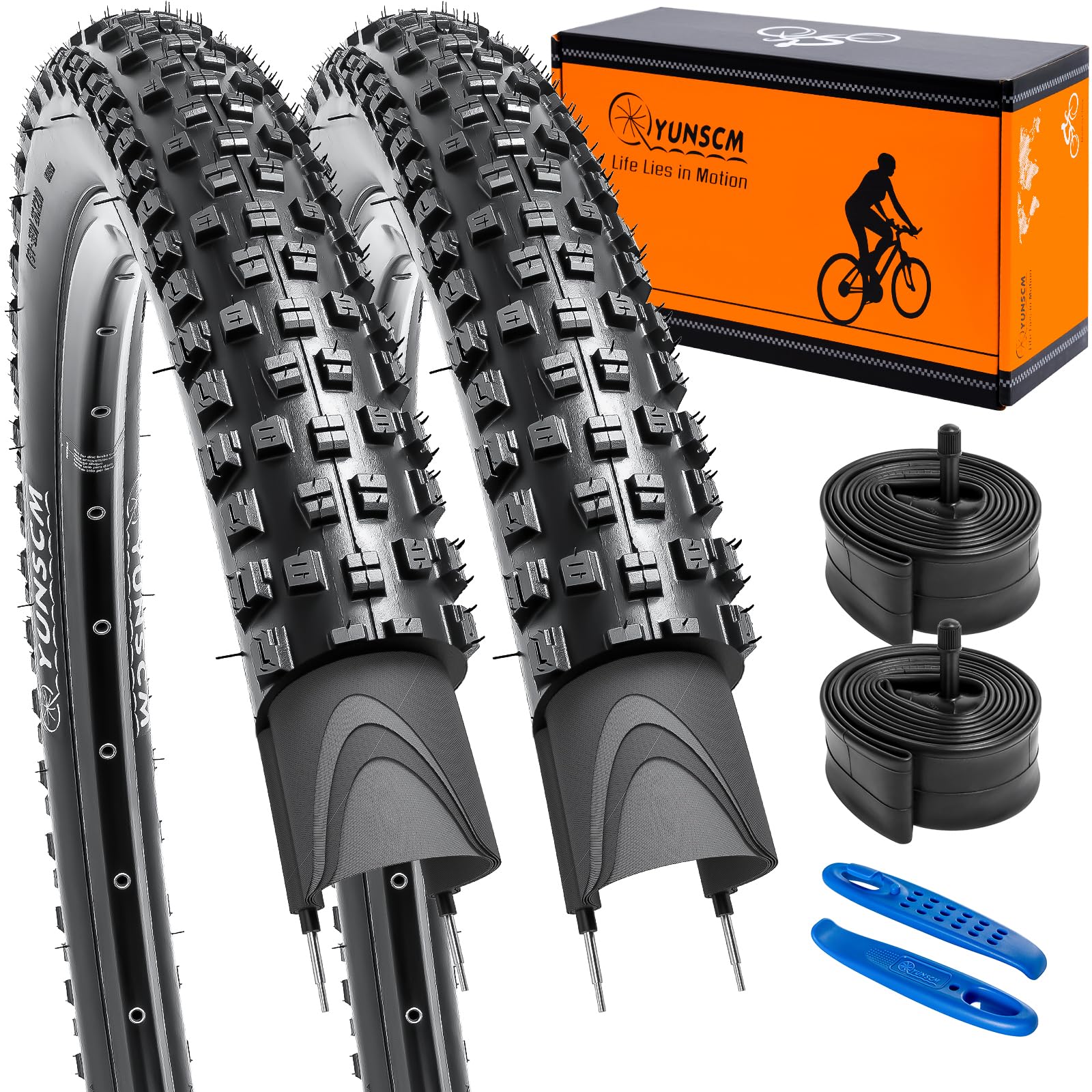 YunSCM 2Pcs 26 pollici pneumatici 26 x 2,35 ETRTO 60–559 e 26" camere d'aria per bici AV32mm, compatibili con pneumatici e camere d'aria per bici da montagna/fuori strada 26x2.30 26x2.35 26x2.40