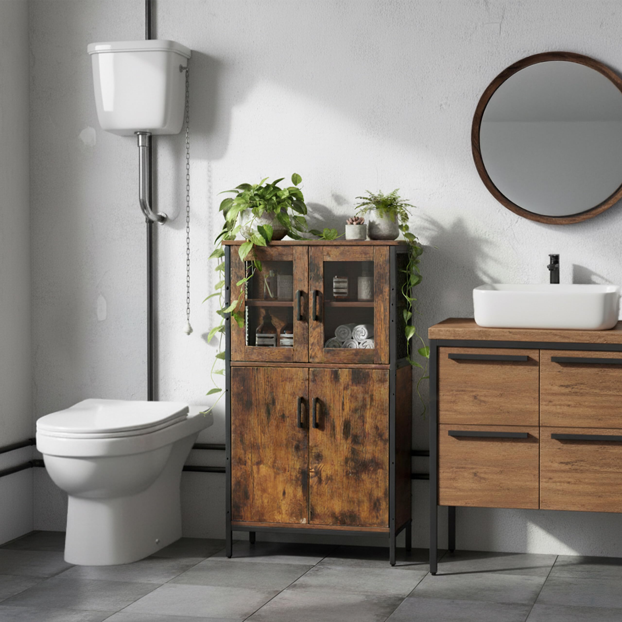 Relaxdays Armadio da Cucina Industrial, Armadio Alto con Ante in Vetro H 108x60x30 cm, vetrina Slim, Legno Marrone