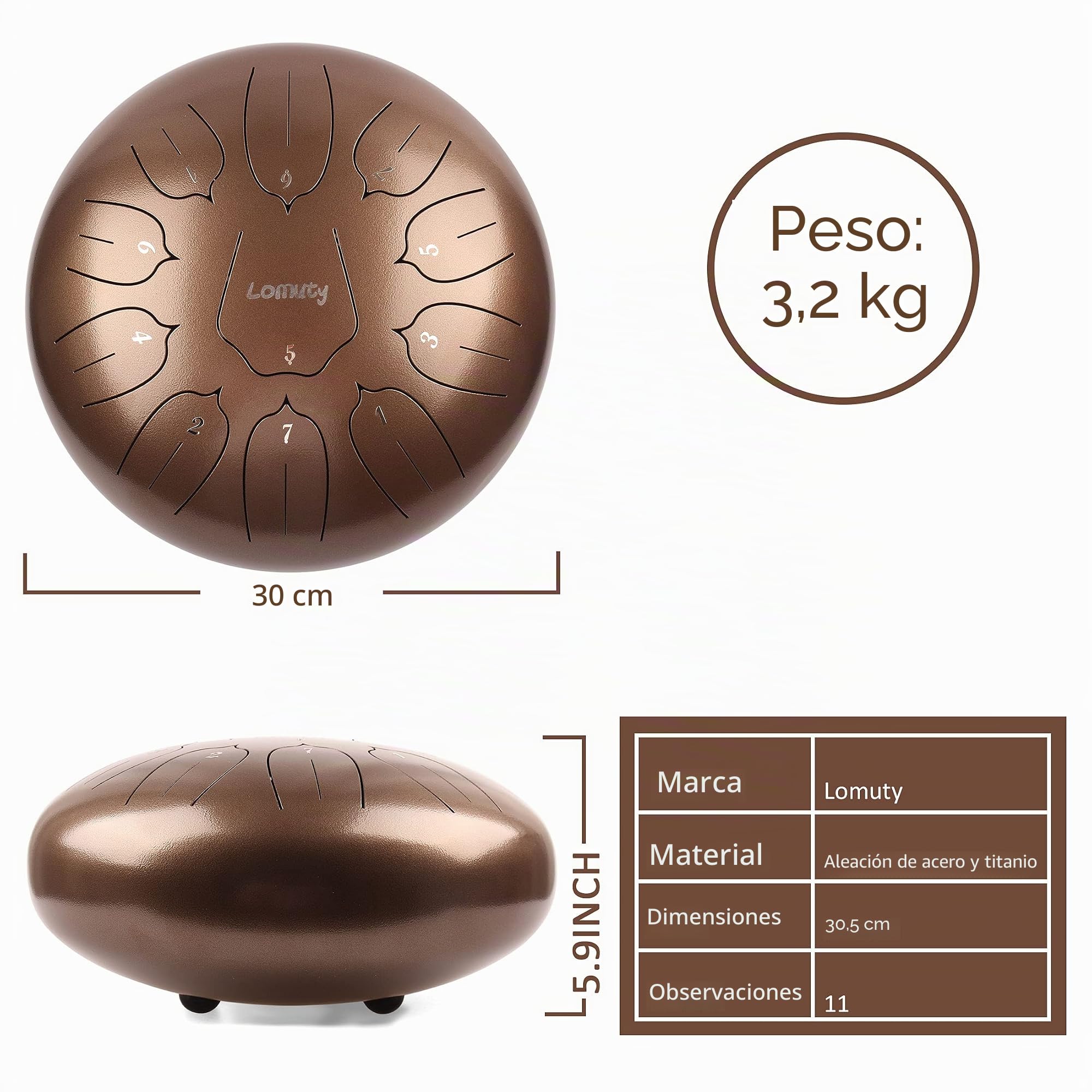 12 Pulgadas 30 CM Tambor de Lengua de Acero-11 Notas Clave C Instrumento de percusión - Handpan Drum con Bolsa de Tansporte, Partitura, Baquetas, Púas de Dedo(Bronce)