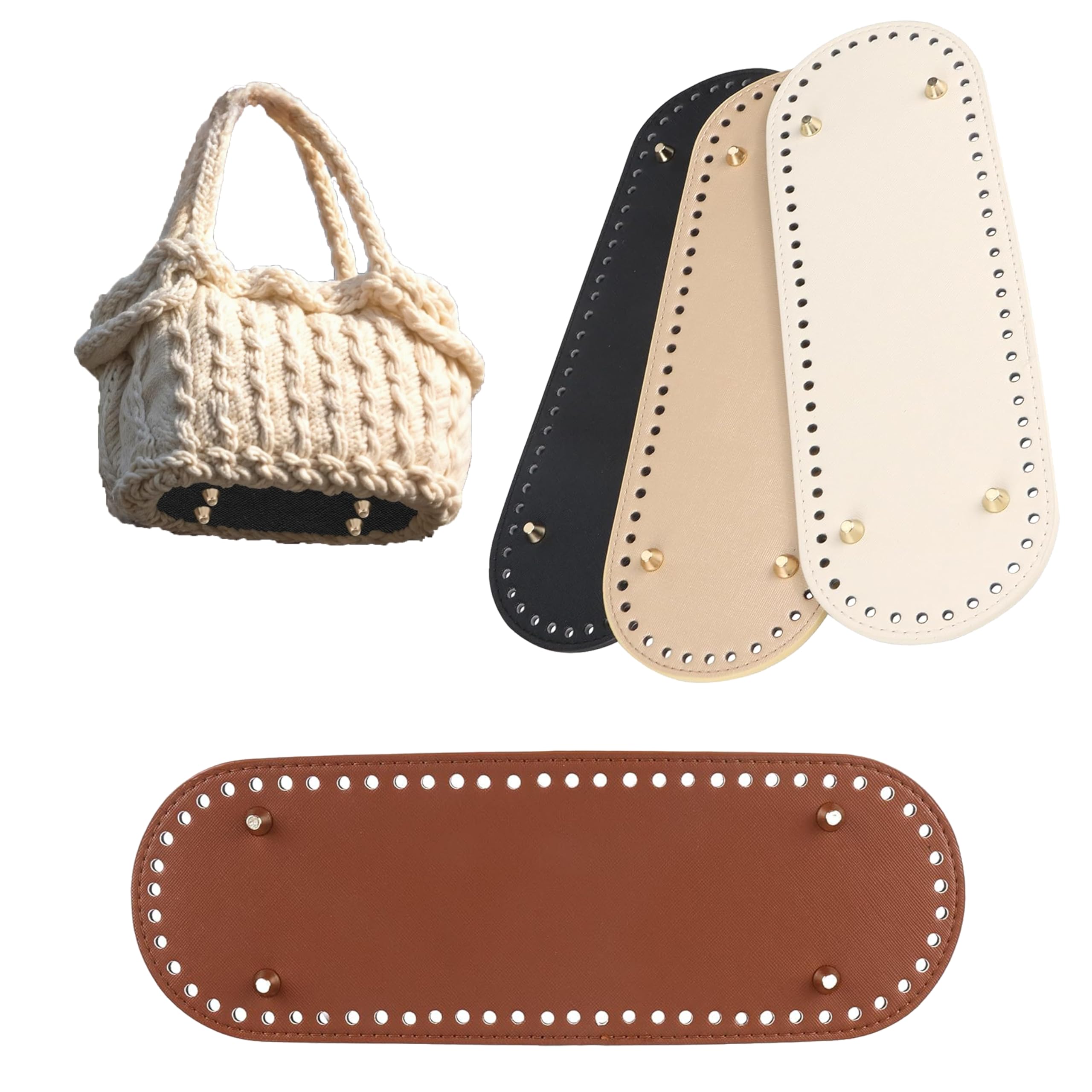 Pack of 4 PU Leather Bag Bottoms, 30 x 10 cm, Oval Crochet and Knitted Base with Holes for DIY Handbags, Brown, Black, Beige, White