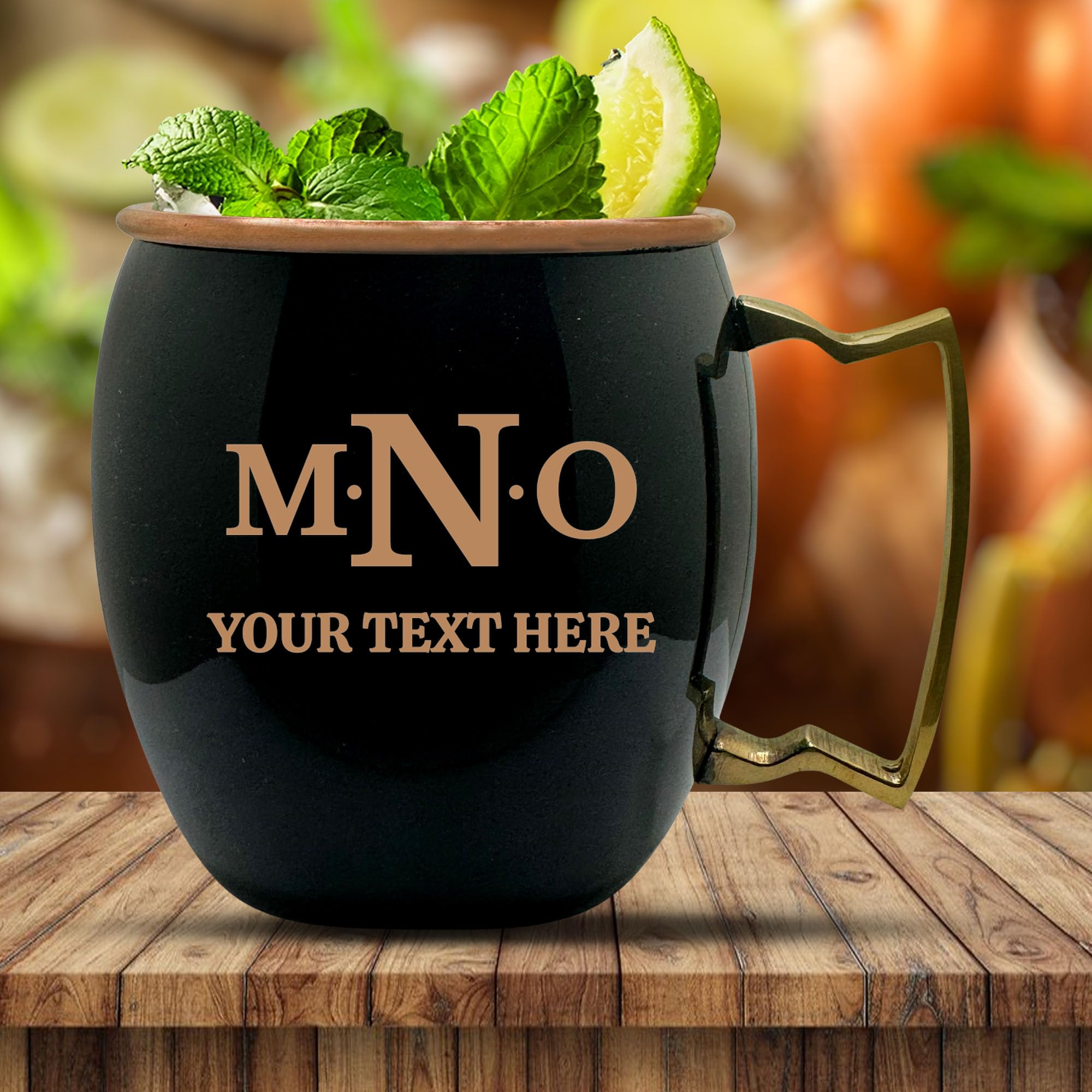 Custom Copper Moscow Mule with Smooth Painted Finish - Engraved Bar Style 100% Copper Cup with Personalized Interpoint Separator Monogram Themed Engraving, Brass Handle | 18 oz, Black | Set of 4
