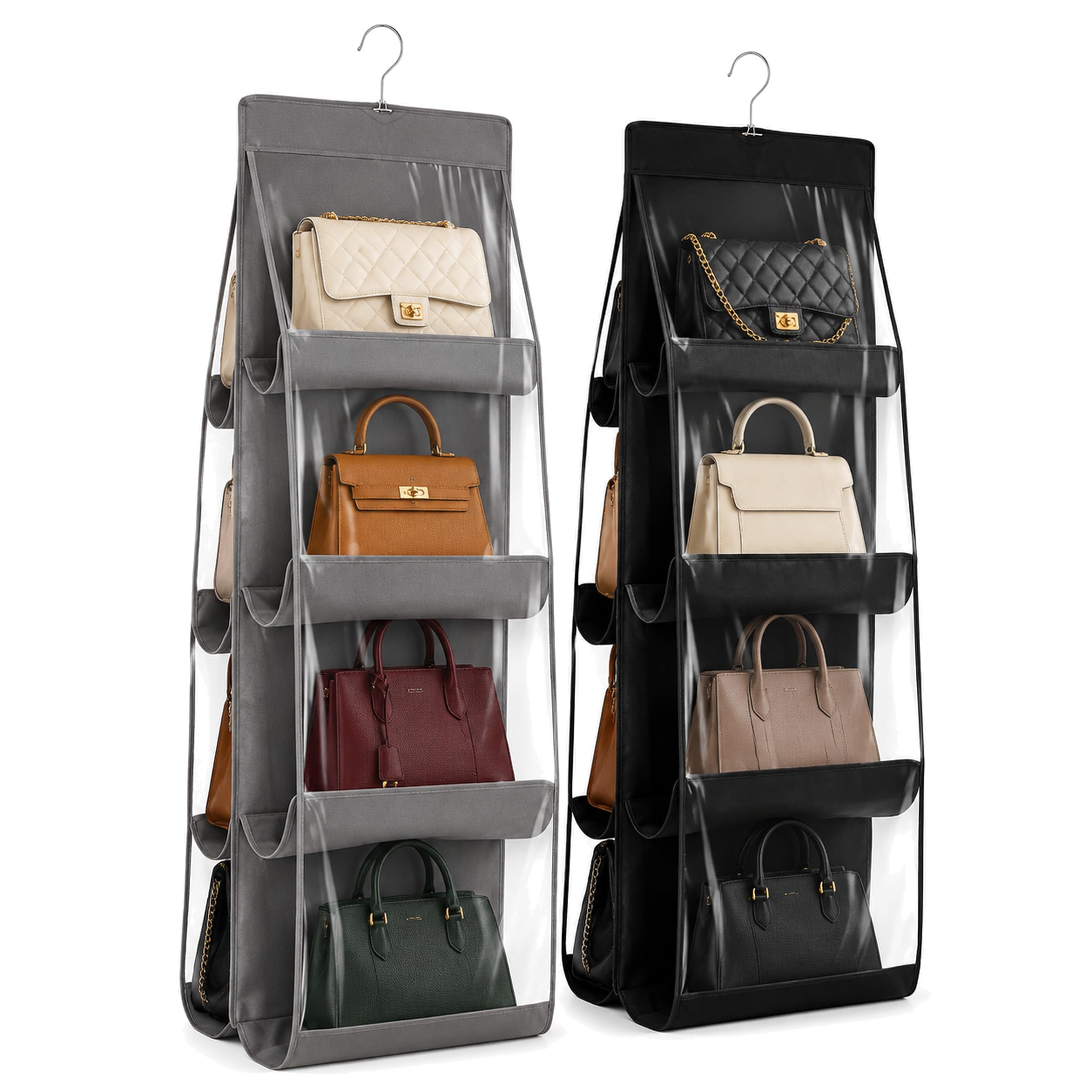 2 Pcs Handbag Storage, Handbag Organiser - Hanging Purse Holder with 8 Clear Pockets, Closet Wardrobe Space Saving Non-Woven Fabric Shelf for Family Closet Bedroom, Grey and Black, 35 x 110 cm