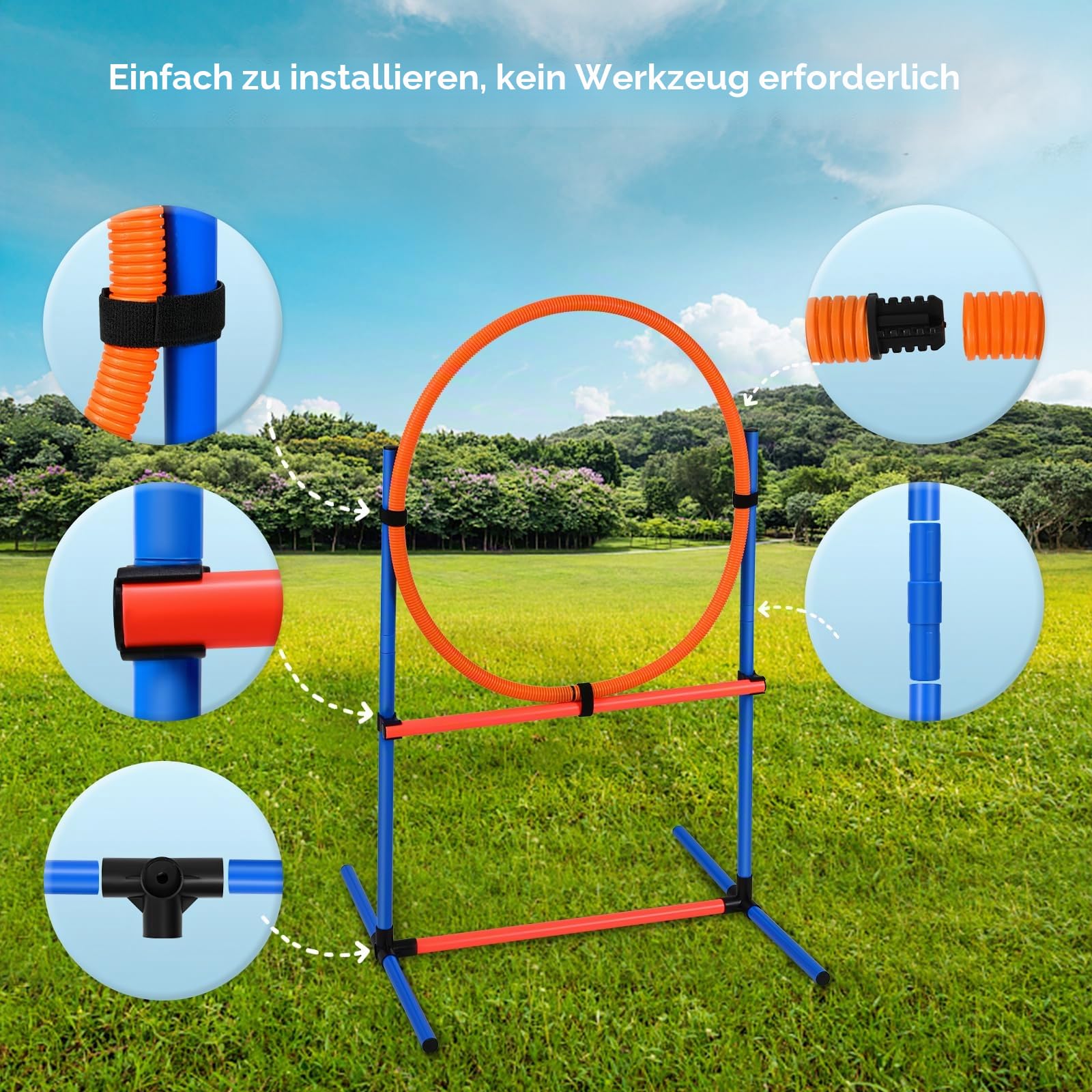 70-Teiliges Agility Set Hunde hundetraining Agility Set Hunde groß 8 Slalomstangen Springring, 2 Ball, Pause-Box, Leckerlibeutel, Tragetasche Hunde intelligenzspielzeug Agility Set