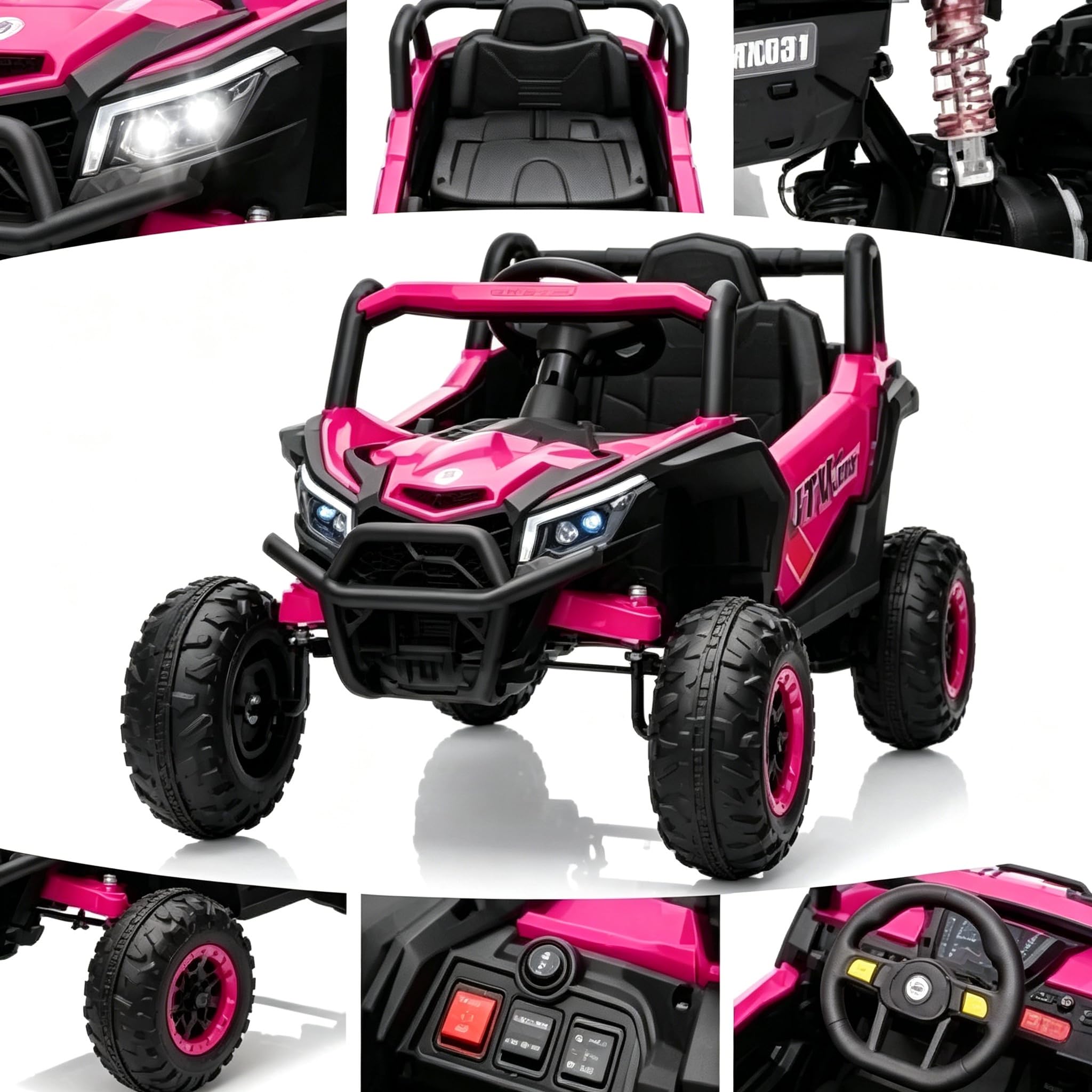 12V Voiture Électrique Télécommandée Enfant 3-6 Ans Véhicule 3 Vitesse Phares LED Quad Tout Terrain Effets Sonores Et Lumineux Jardin Gazon Goudron Grande Autonomie Rose Fuchsia