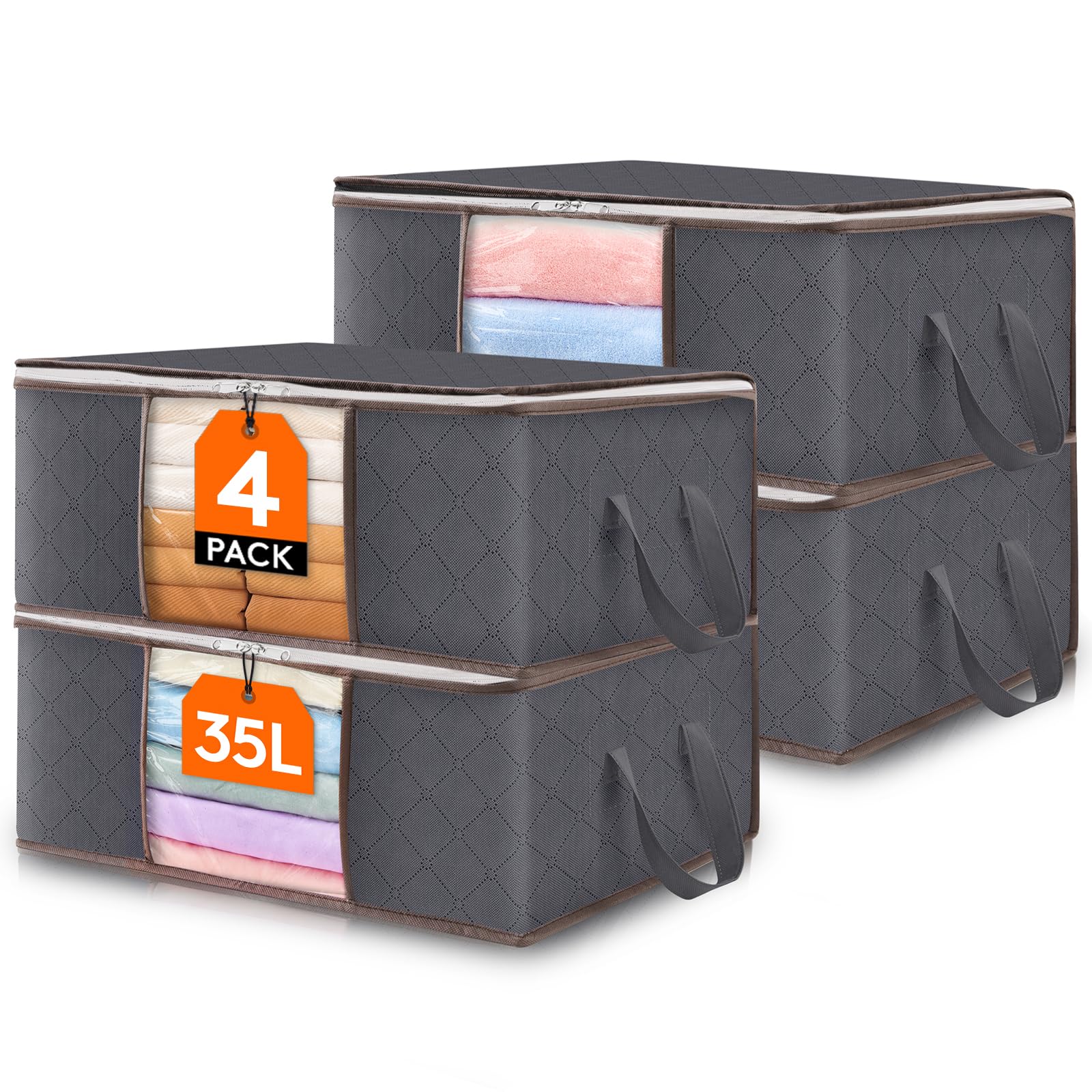 Lifewit35L 4 Pack Clothes Storage Bag, Foldable Storage Boxes Wardrobe Storage Organiser Moving Bag with Reinforced Handle Sturdy Fabric Clear Window for Towel, Sweater, Bedding, Toys, Grey