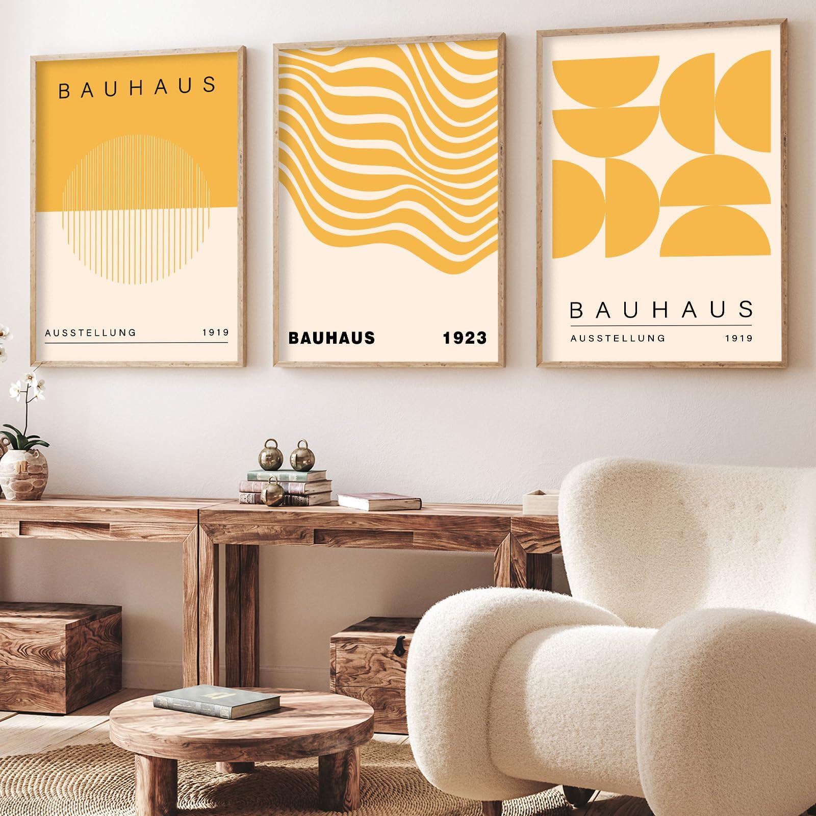 Geometric Line Wall Art Abstract Shape Prints Bauhaus 1923 Poster Beige and Yellow Wall Art Mid Century Modern Artwork Bauhaus Exhibition Poster Boho Modern Pictures for Living Room 16x24inch Unframed