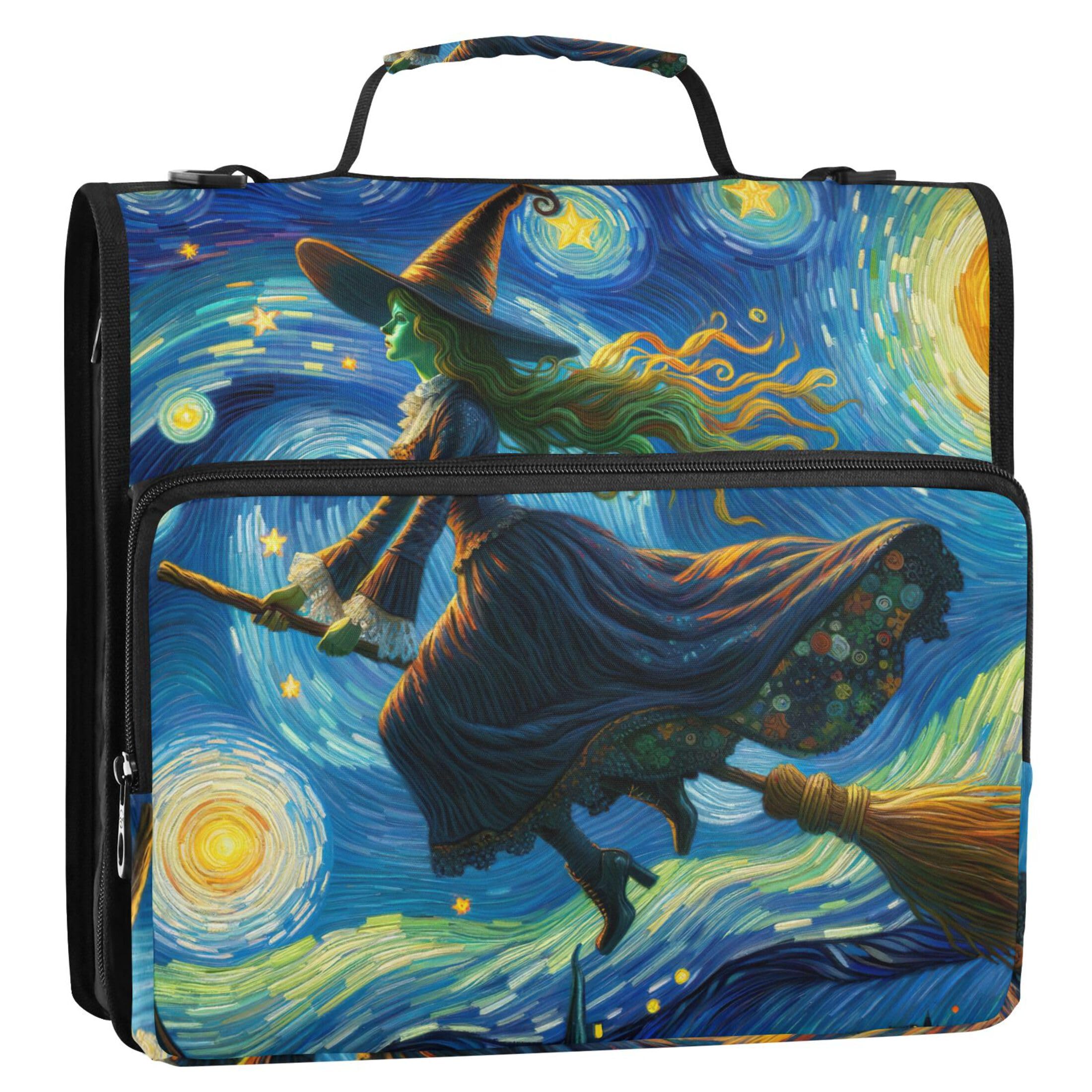 Cartoon Zip up Binder Organizer 3 Ring Binders 1 1/2 Inch D Ring Halloween Witch Starry Night Multi Pockets Large Portfolio Folder Binders with Strap Middle School Bag