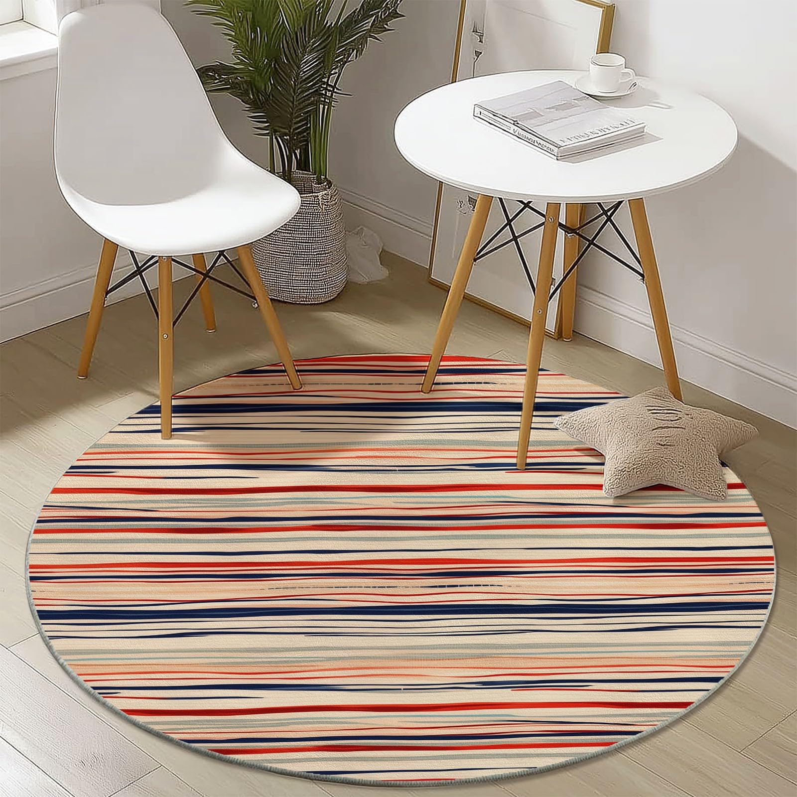 Tappeti Rotondi per Soggiorno, 120 cm, Stile Bohémien, a Righe Orizzontali, Lavabili, per Camera da Letto, Tappeto a Pelo Corto, Sottile, Antiscivolo per Sala da Pranzo, cameretta