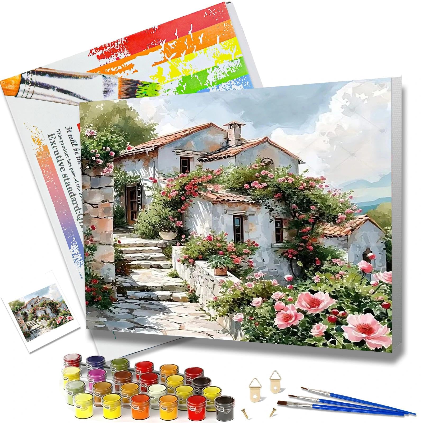 JATOK Paint by Numbers for Adults with Frame, Painting Kits for Beginners On Clear Colored Canvas, Easy DIY Acrylic Pigment Drawing Paintwork for Home Wall Decor, Countryside 30x40CM/12x16in
