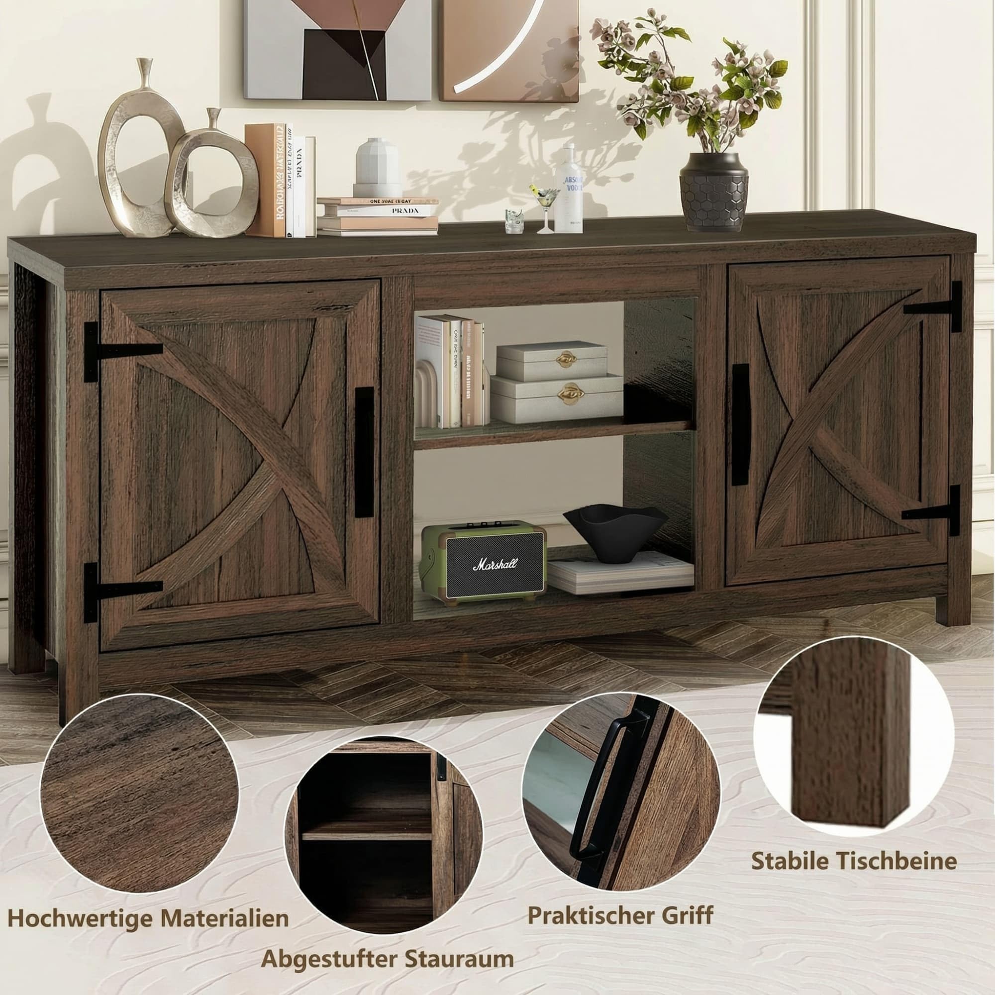 Parrot Uncle 58 Zoll TV-Ständer für Fernseher bis 65 Zoll, Media-Entertainment-Center mit Aufbewahrungsschränken, Braun moderner TV-Schrank für Wohnzimmer