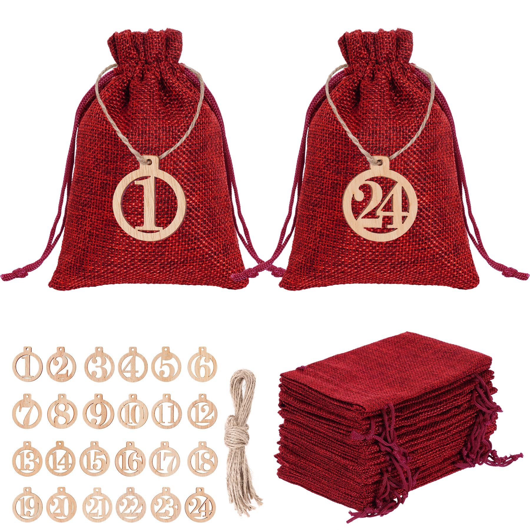 Bantoye 24 Tage Adventskalender Countdown Taschen mit 24 Stück Holzzahlen Weihnachten Kordelzug Geschenktüten für Party Favor Urlaub Dekoration, Weinrote Tasche