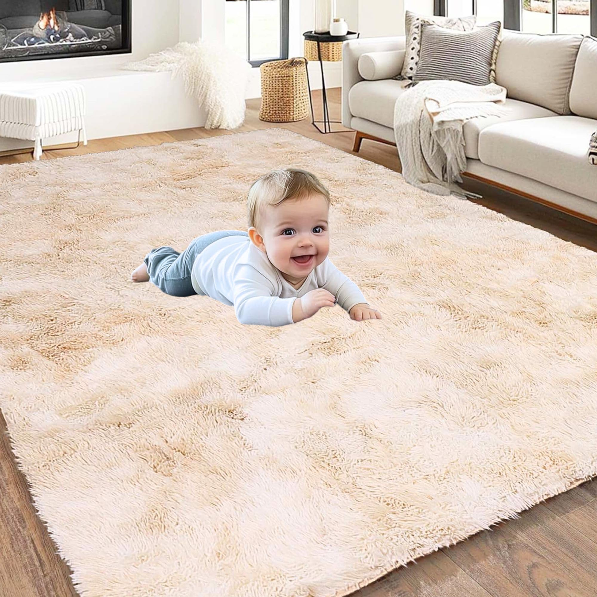 Hafaa Fluffy Shaggy Rugs Living Room Tie-Dye Cream 160x230 cm, Large Soft Thick Pile Carpet, Non Slip Bedside Rug for Kids Bedroom, Nursery, Lounge - Non-Shedding
