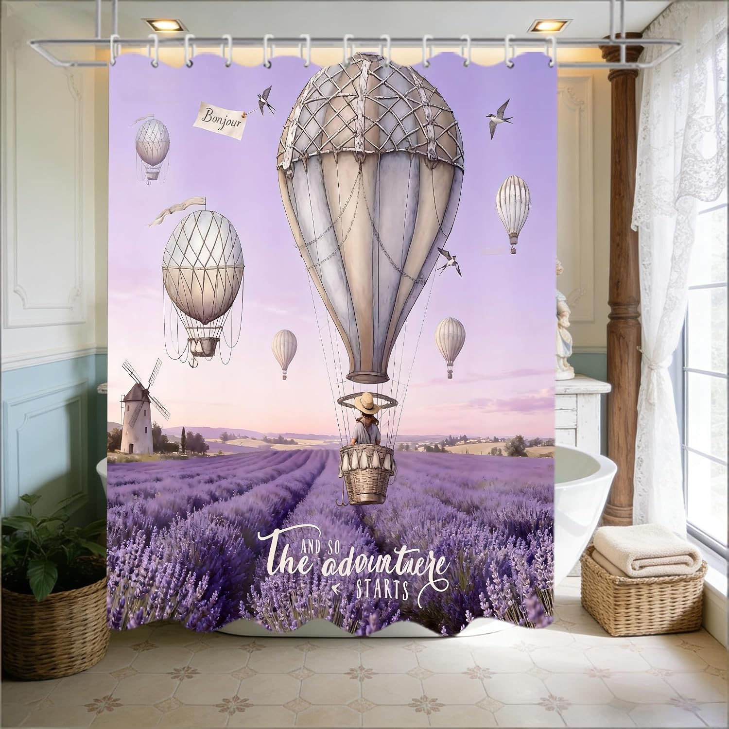 4 Piece Purple Lavender Shower Curtain Set with Rugs, Hot Air Balloon & Windmill Landscape Art, Romantic French Country Aesthetic Bathroom Decor, Non-Slip Mats, Waterproof Fabric image 5