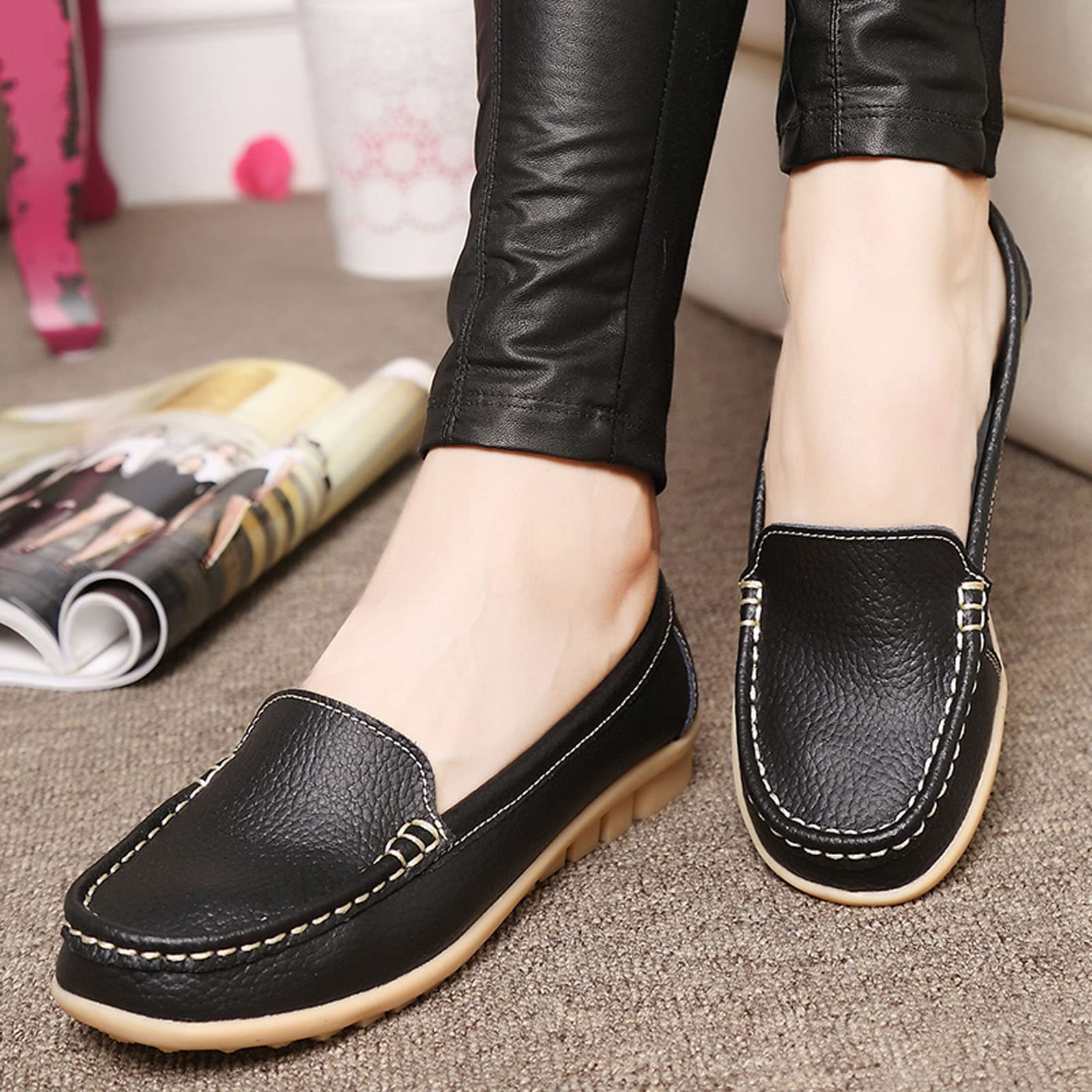 Meidiastra Mocasines para mujer, zapatos planos de enfermería, zapatos planos para conducir, zapatos de barco, Negro, 39 EU