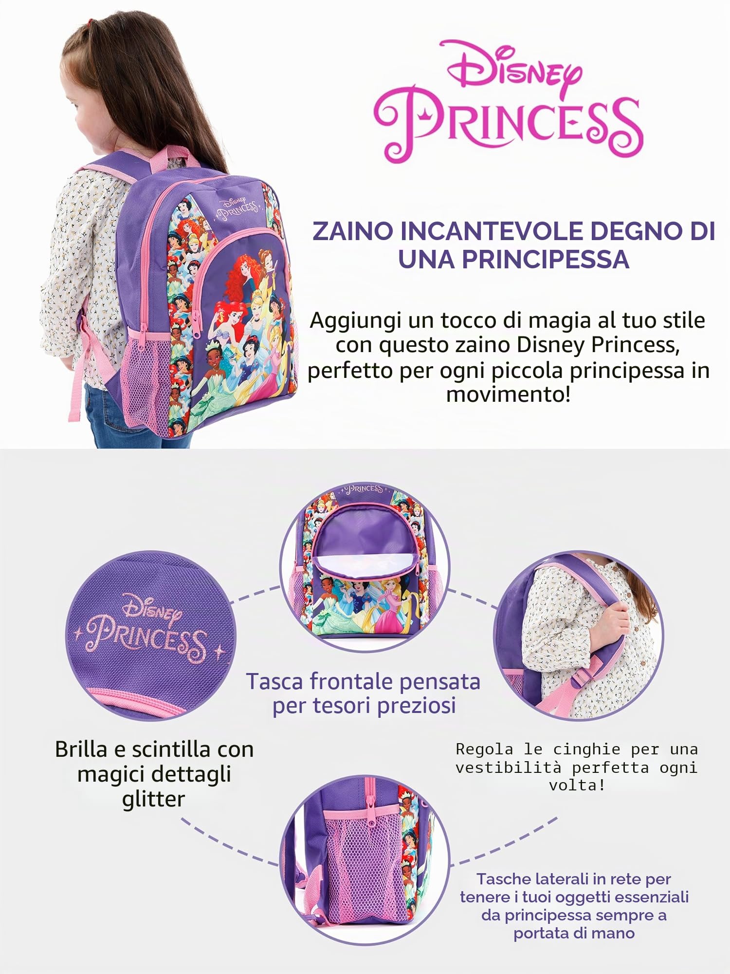 Disney Princess Zainetto Ragazza | Borsa Principessa | Zaino Scuola Bambina