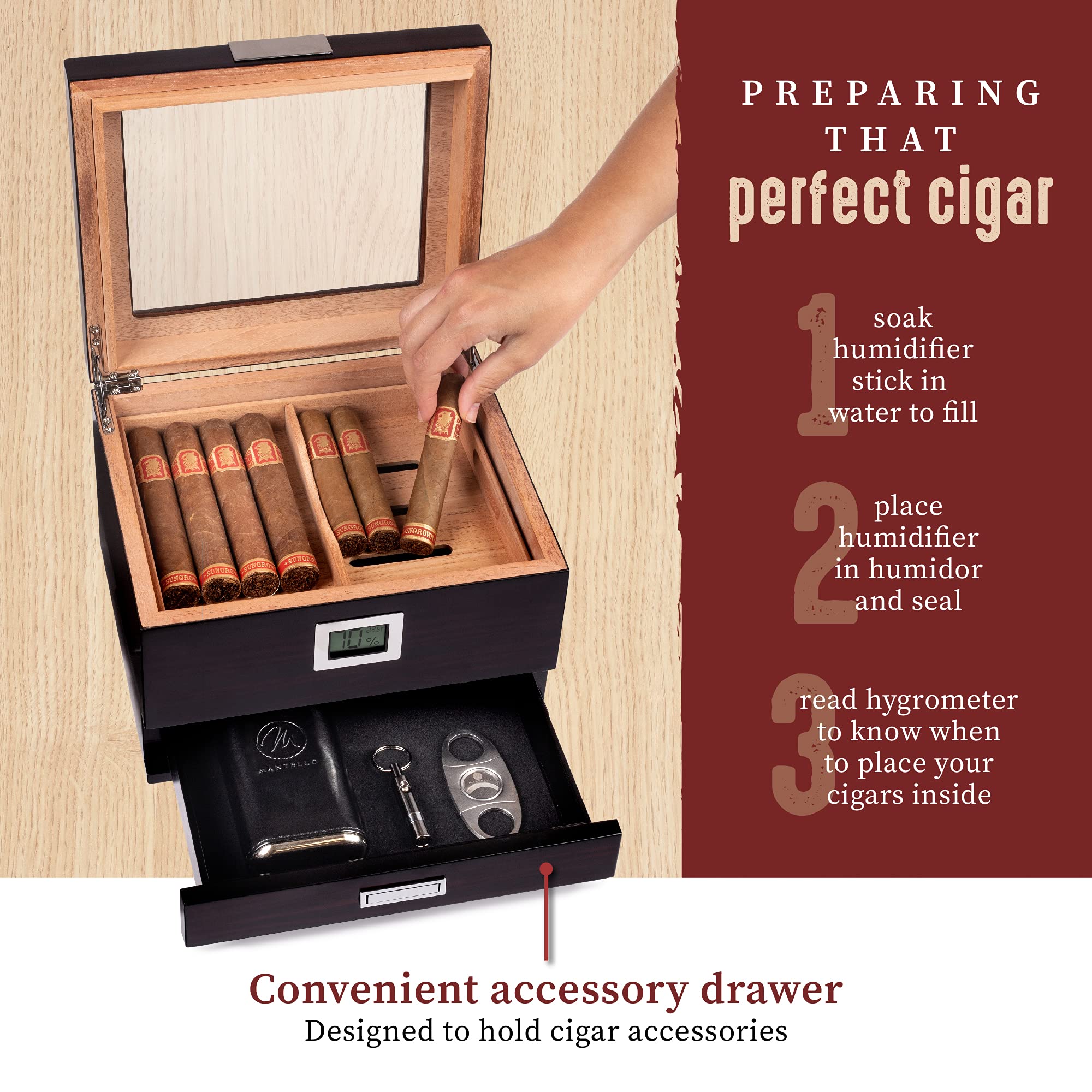 Mantello Cigar Humidor Box with Digital Hygrometer and Accessory Drawer
