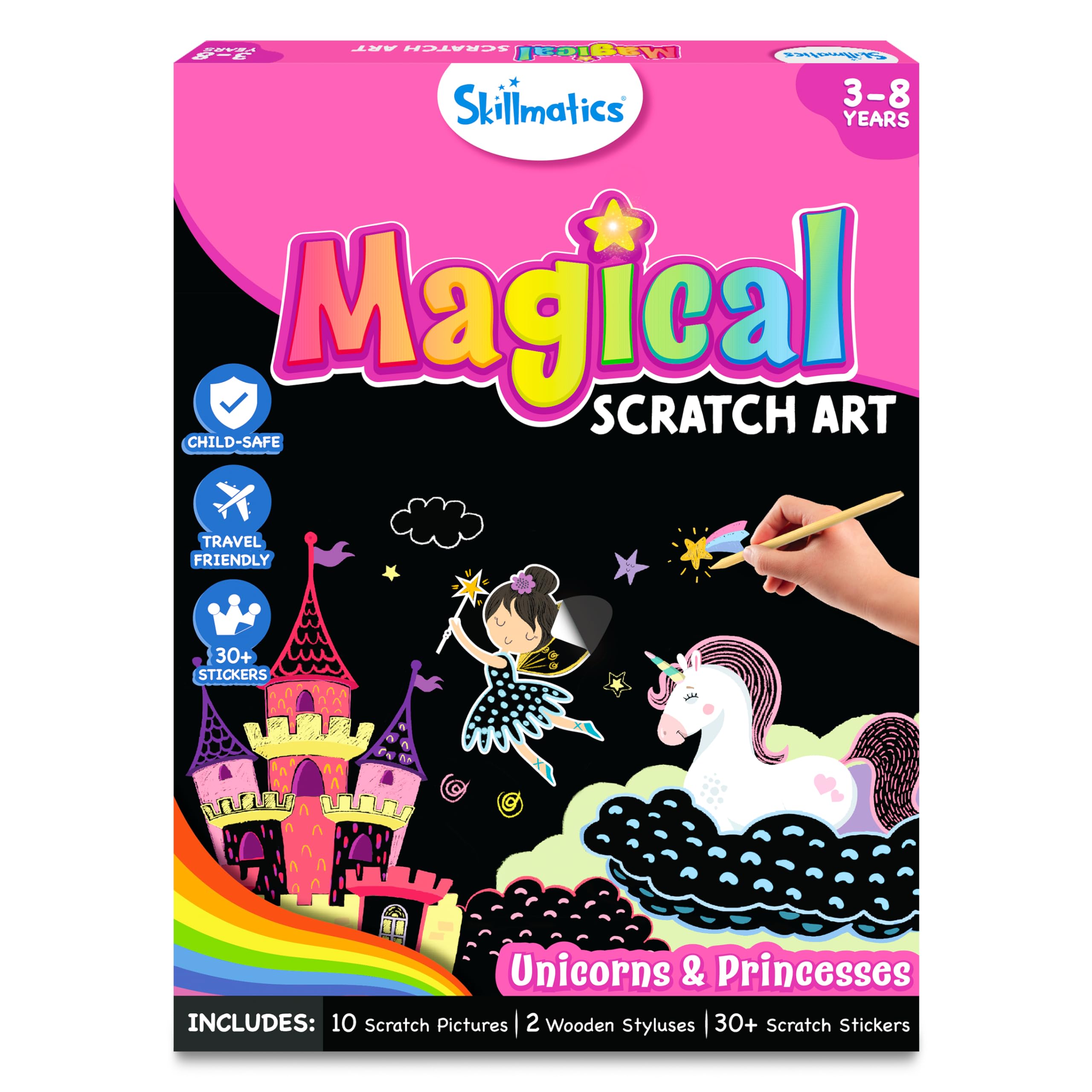 Skillmatics Scratch Art Book for Kids - Unicorns & Princesses, Craft Kits & Supplies, 30+ Scratch Stickers, Travel Toys, DIY Kit, Gifts for Girls & Boys Ages 3, 4, 5, 6, 7, 8