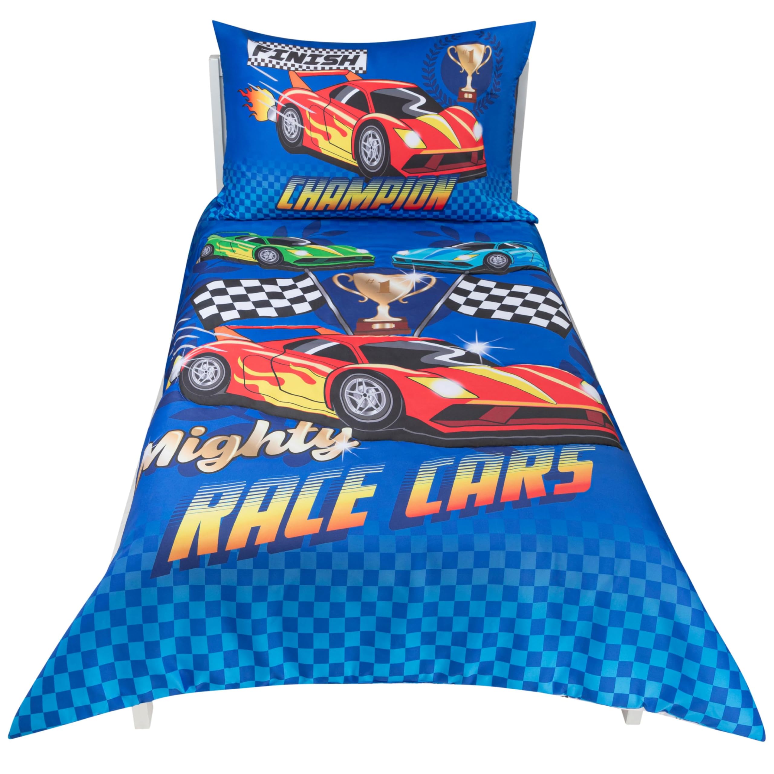 Todays Kids 4-Piece Race Cars Toddler Bedding Set for Boys - Toddler Bed Sheets and Comforter Set with Reversible Comforter & Pillowcase, Flat Sheet, Fitted Sheet, Breathable & Super Soft Microfiber