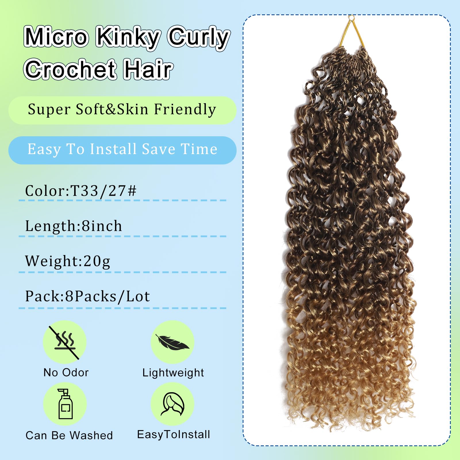 FLWAI Pre Looped Micro Kinky Curly Crochet Hair for Mini Passion Twist 8 Packs 12 Inch Kinky Twist Synthetic Wavy Curly Crochet Hair Extensions for Black Women (T33/27 - Image 2