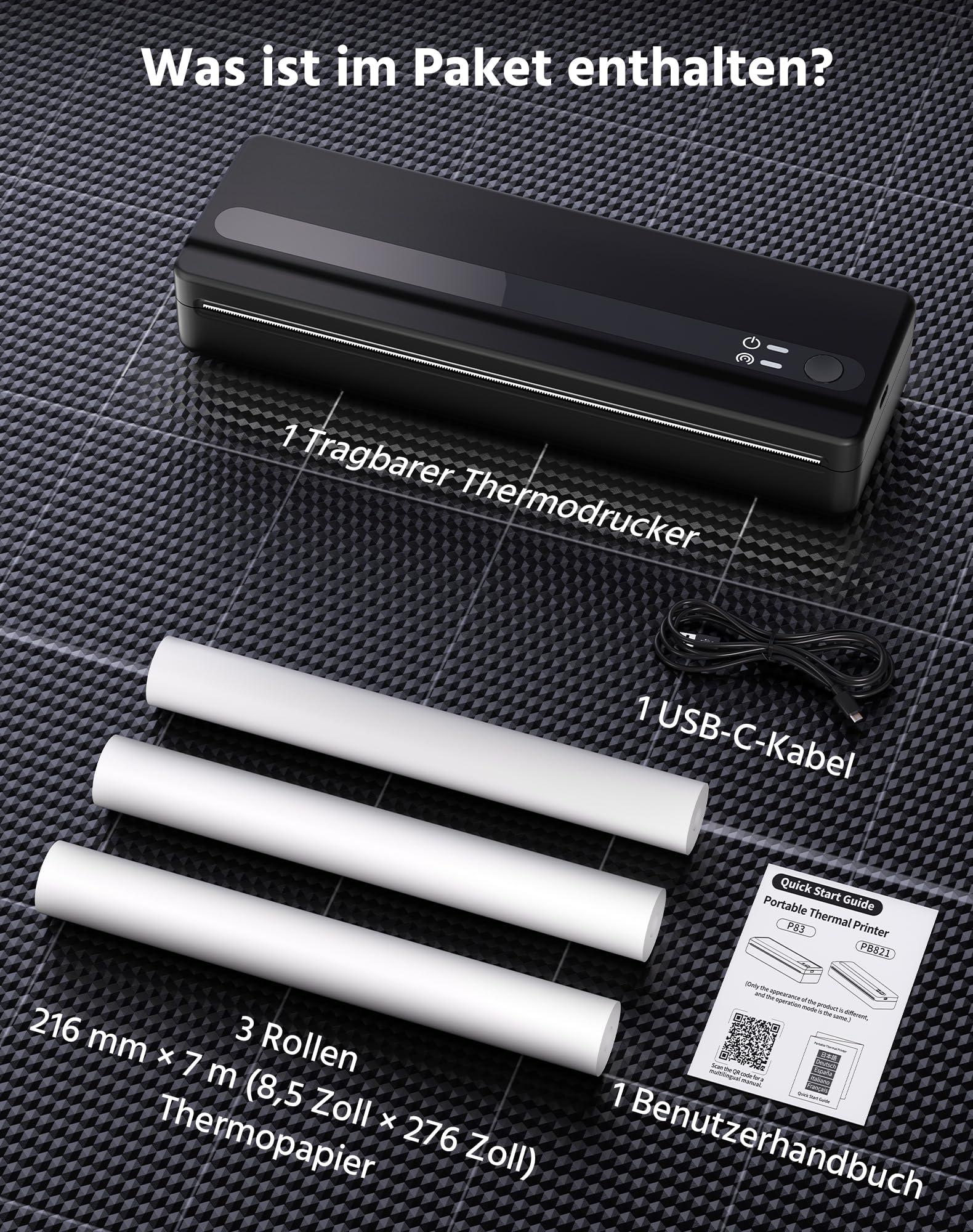 PB821 Thermodrucker A4, Bluetooth Mobiler Drucker A4 für Unterwegs, Büro, Schule, Zuhause, Kompatibel mit Smartphones und Computern, Tragbarer Drucker mit 3 Rollen Thermopapier, Schwarz