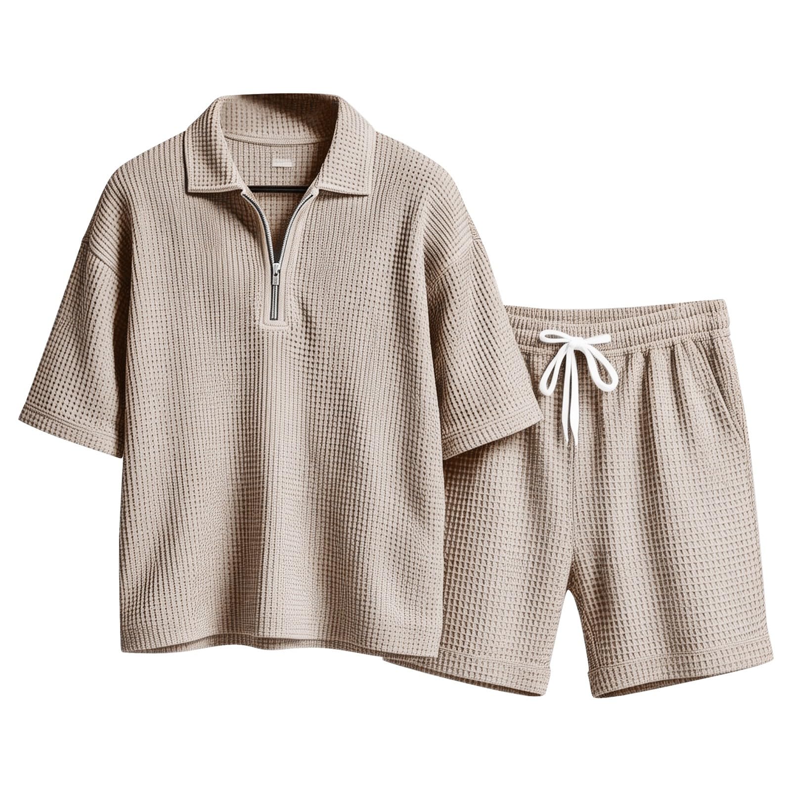 Generico Uomo Estivo Tuta Sportiva Coordinato 2 Pezzi Set Tessuto Waffle Leggero Polo e Pantaloncini Completino Palestra Abbigliamento Casual Elegante Vestiti Estivi