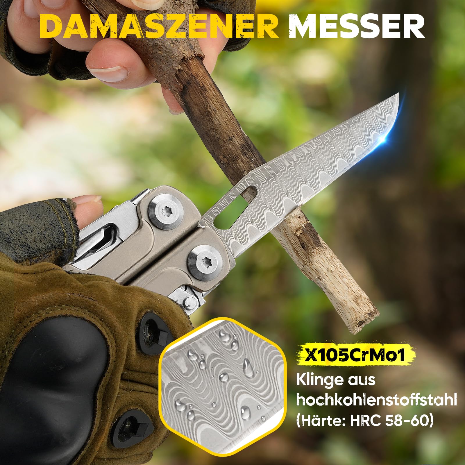 BIBURY Multitool Titan & Damast Messer - Multifunktionswerkzeug mit Zange, Schere, austauschbarer Säge & Bits - Profi EDC Taschenmesser Geschenke für Männer, Reparieren, Camping Zubehör BI2049TI