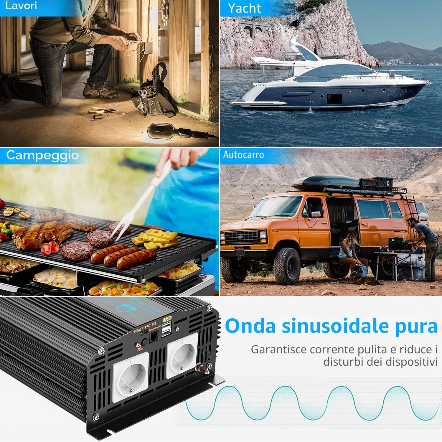 Giandel Power Inverter 1500W Onda Sinusoidale Pura Convertitore DC 12V a AC 220V 230V con telecomando & LCD Display e 2 Porte USB per auto,caravan camper