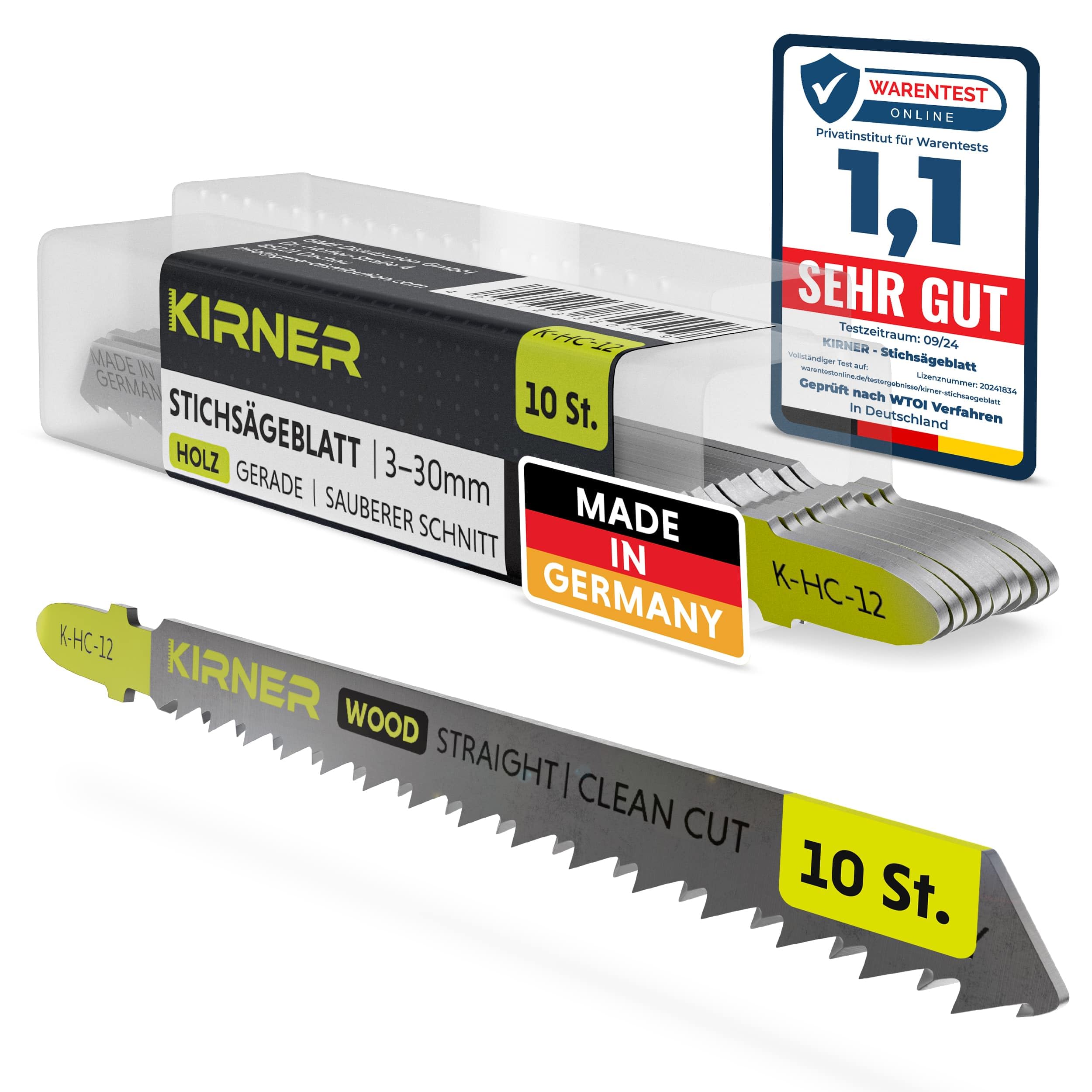 KIRNER Stichsägeblätter Holz 10 Stk. [ bis zu 5x mehr Schnitte ] extrem feiner & gerader Schnitt (3-30mm) in Holz & Kunststoff - für alle T-Schaft-Stichsägen - Feinschnitt Sägeblatt