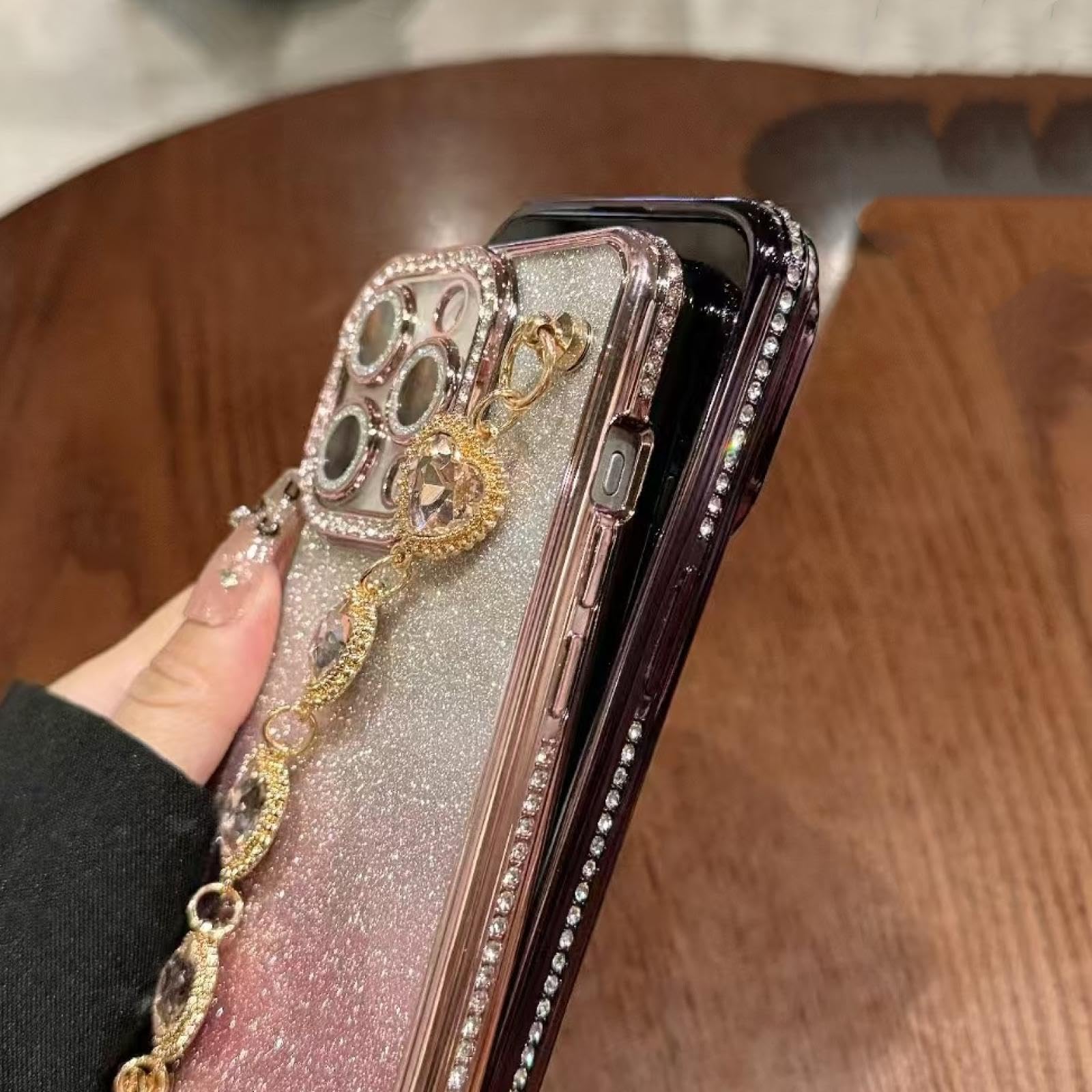 Funda de Pulsera de Lujo con diseño de corazón y Purpurina degradada para iPhone 16 ProMax (para iPhone 16 ProMax/Rosa GS)