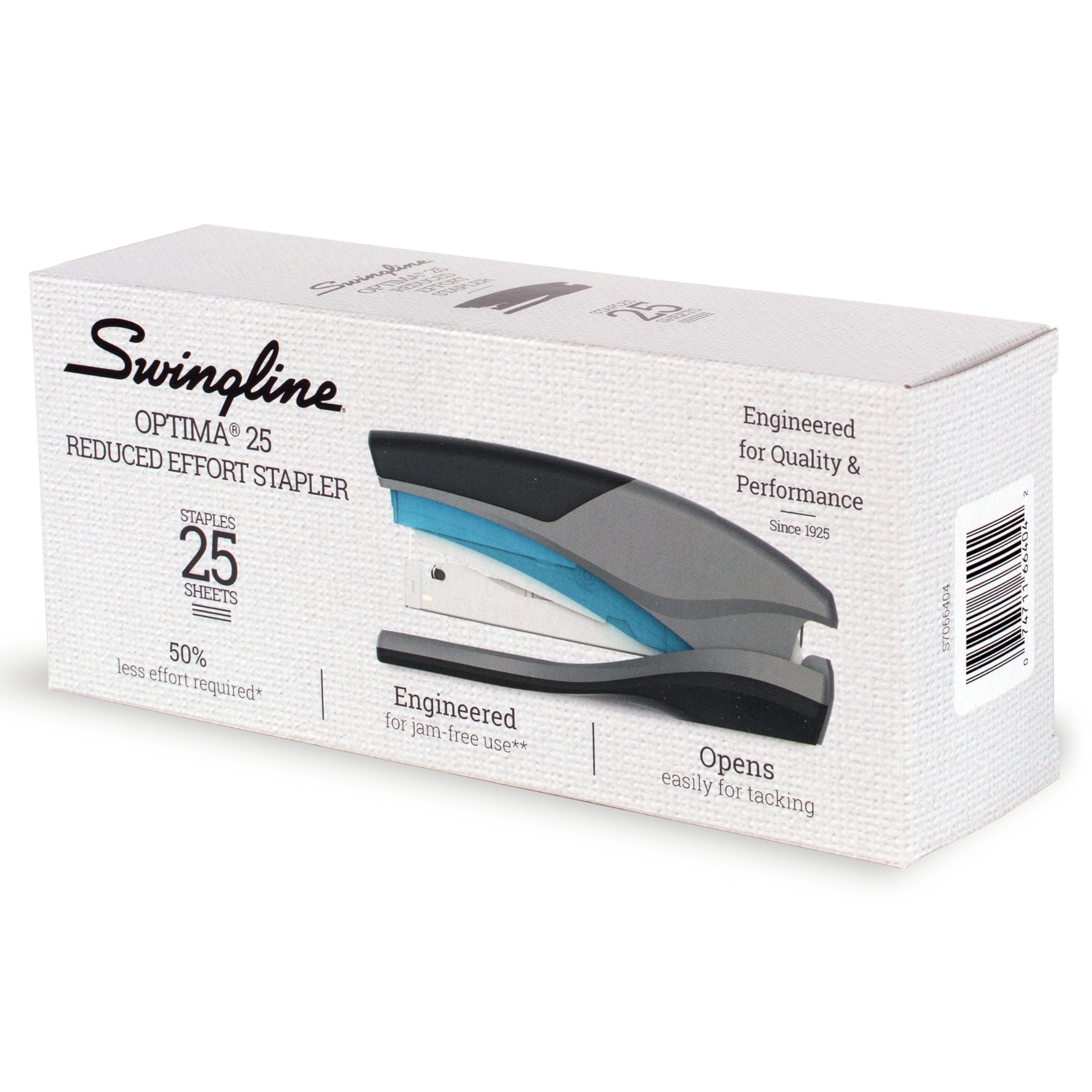 Swingline 66404 zszywacz, pojemność 25 arkuszy, Optima 25, bez zacięć, zmniejszony wysiłek, miękki uchwyt, niebieski i szary