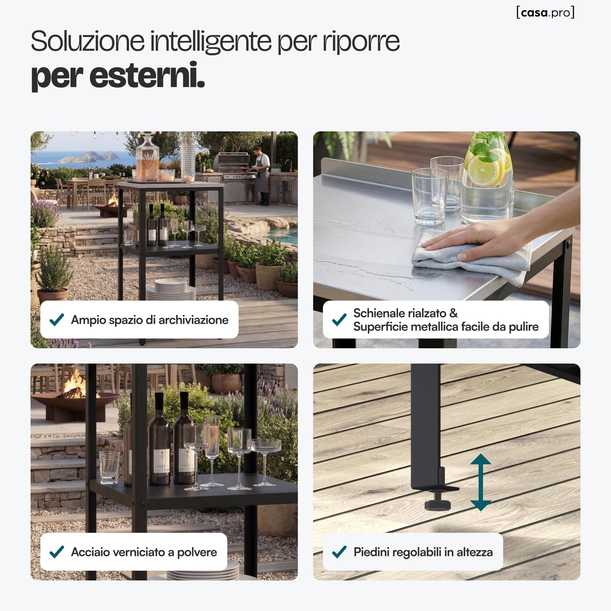 casa.pro Bancone da Giardino Scaffale da Esterno a 3 Ripiani 92 x 50 x 50 cm Mobile in Acciaio con Piedini Regolabili per Livellare - Argentato/Nero opaco