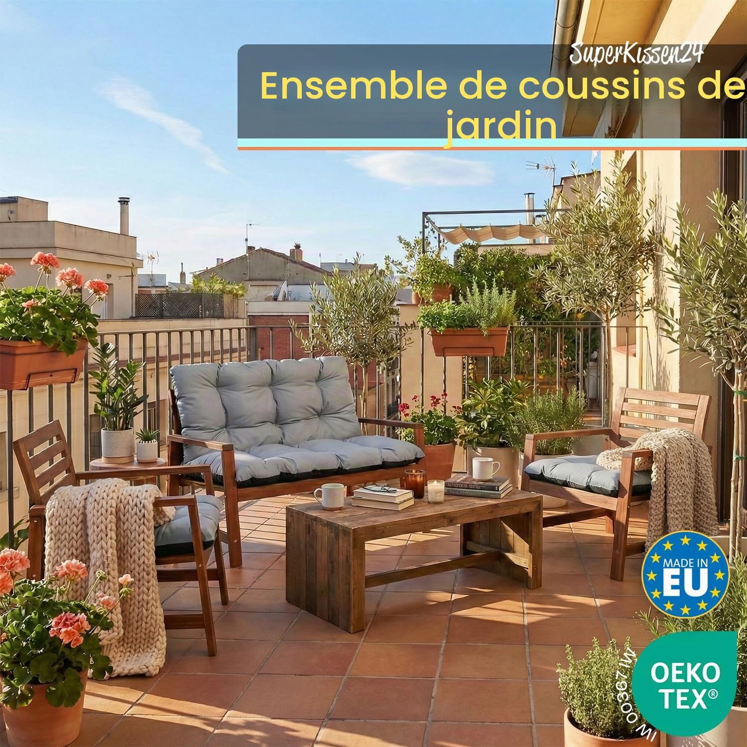 SuperKissen24. Coussin Dossier pour Banc de Jardin Canapé - 100x50 cm et Appui 100x60 cm + 2X 45x45 cm Coussin pour Chaise de Jardin - Intérieur/Extérieur – Imperméable - Exotic