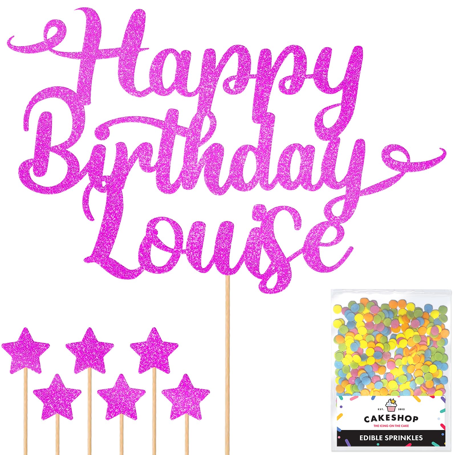 Personalised Happy Birthday Glitter Cake Topper - Pink Any Name Glitter Cake Decoration and Sprinkles - Happy Birthday Decorations - Personalised Toppers for Cakes by Cakeshop — image 1