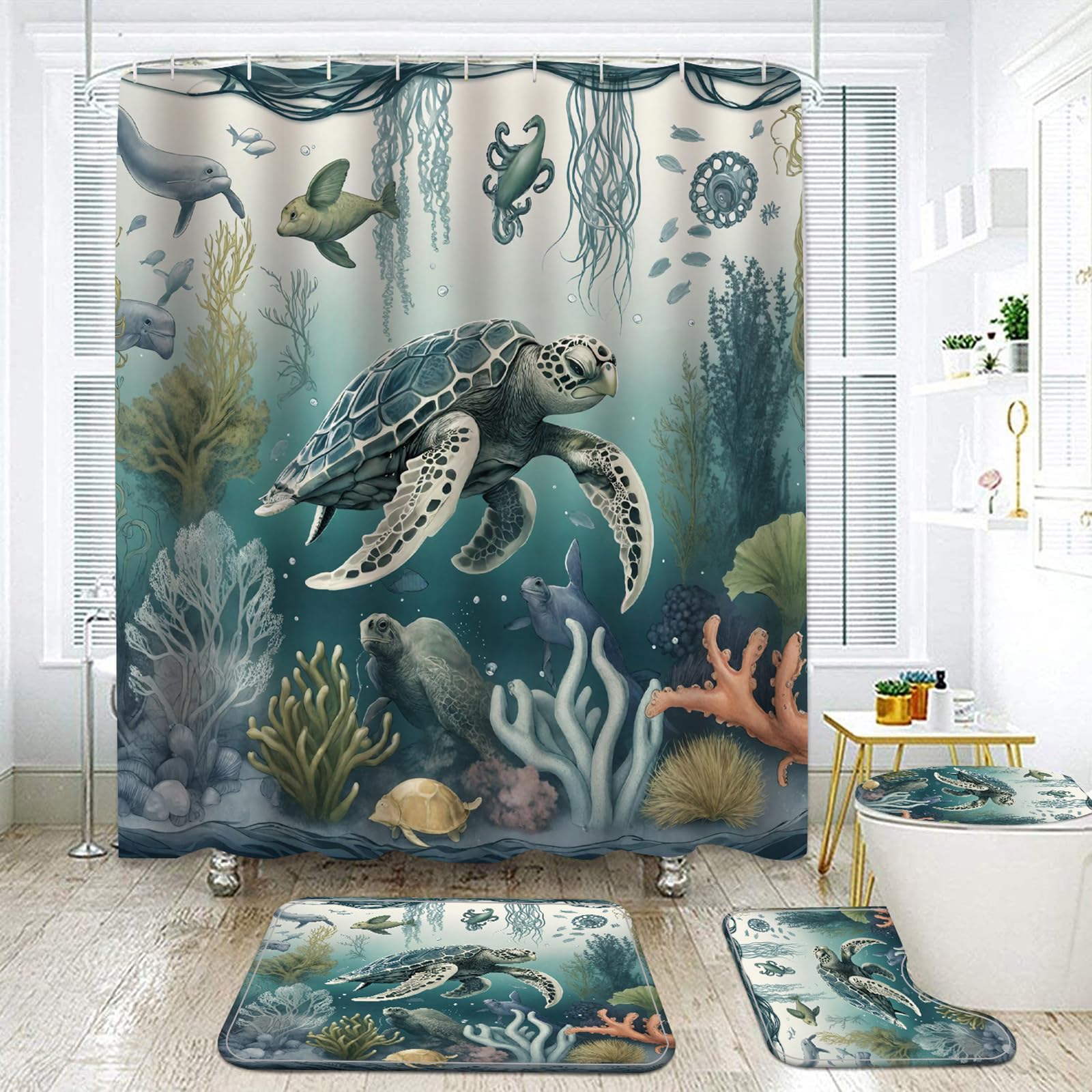 Newsuyaa N1 4 Piece Sea Turtle Shower Curtain Bathroom Set, Teal Underwater Seaweed Seashell Shower Curtain With Bath Rugs Toilet Seat Cover, Marine Animals Teal Ocean Shower Curtains With Hooks (N1)