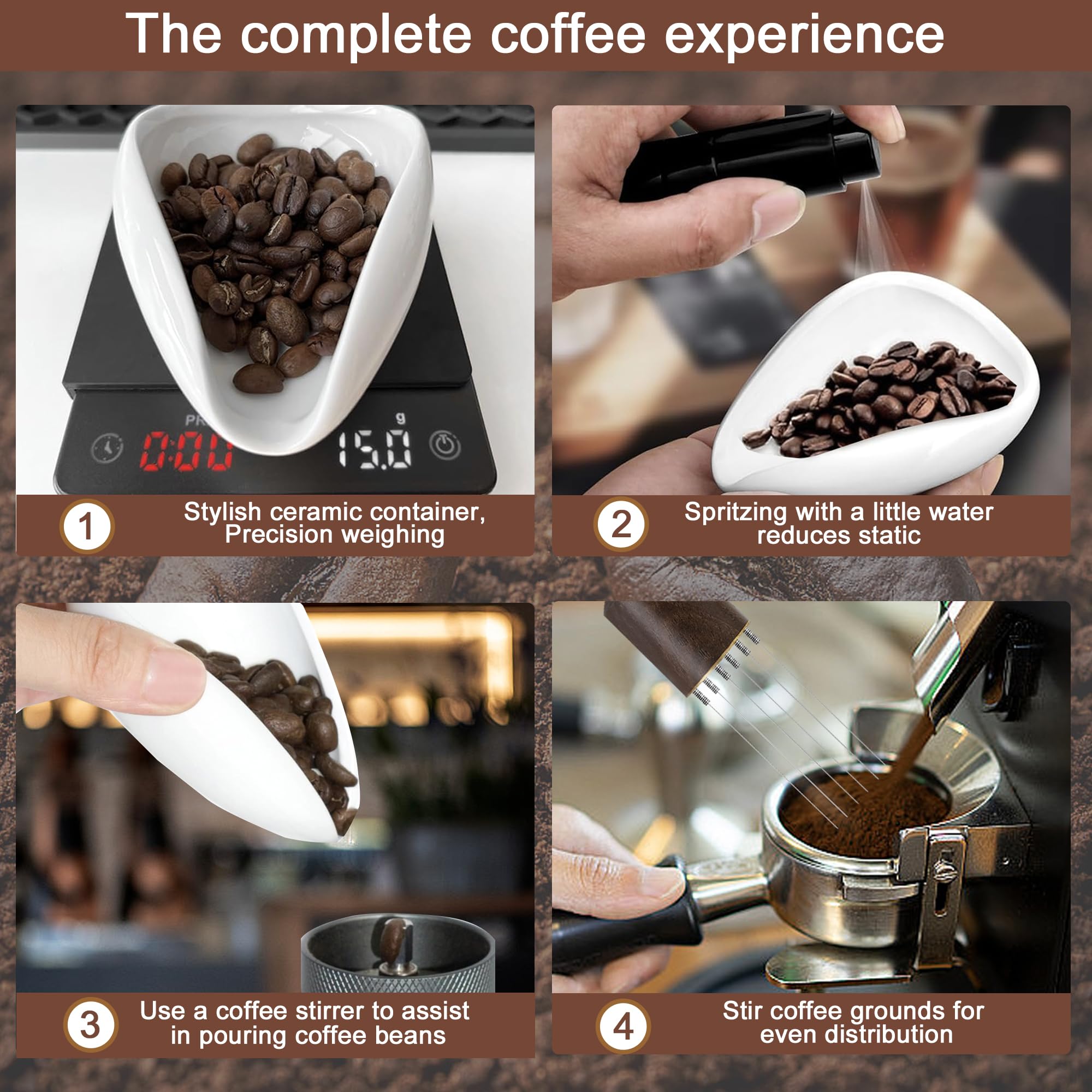 Taza dosificadora de granos de café y botella de spray grande con agujas para remover espresso, taza medidora de cerámica personalizada, pulverizador de alta capacidad, aguja agitadora de café con